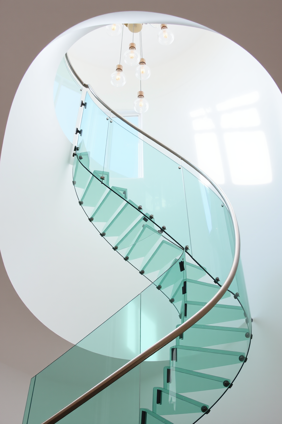 Curved glass spiral staircase with sleek metal railing creating a modern aesthetic. The staircase features a seamless glass design that allows light to flow through, enhancing the airy feel of the space. Surrounding the staircase, the walls are painted in a soft white, complementing the transparency of the glass. Elegant pendant lighting hangs above, casting a warm glow and accentuating the staircase's graceful curves.