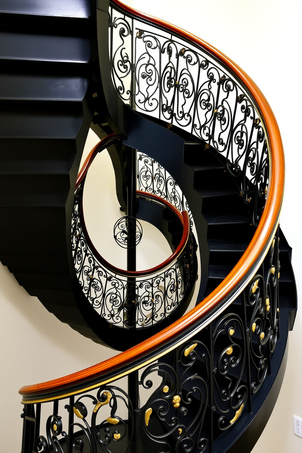 Elegant black spiral staircase with gold accents. The staircase features intricate wrought iron railings and a polished wooden handrail that complements the gold details.