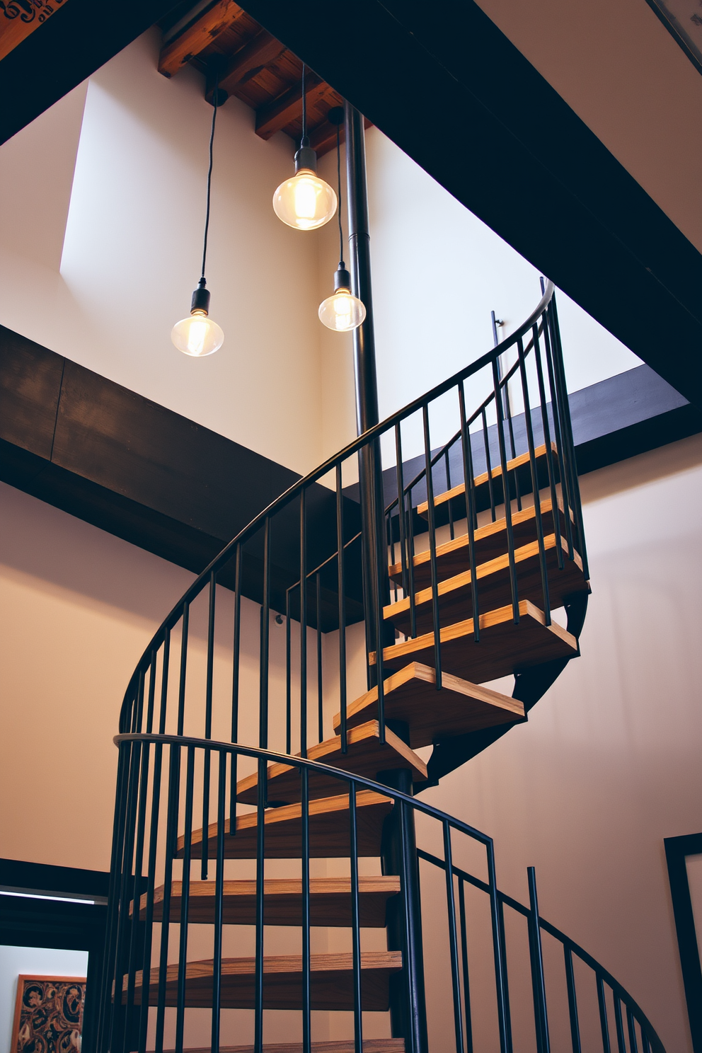 An industrial style spiral staircase features a sleek metal frame with a dark finish, complemented by wooden treads that add warmth to the design. Exposed beams run along the ceiling, enhancing the raw aesthetic and creating a striking visual contrast with the staircase. The staircase is illuminated by pendant lights that hang from the beams, casting a soft glow on the surrounding area. A minimalist railing made of wrought iron provides safety while maintaining the open feel of the space.