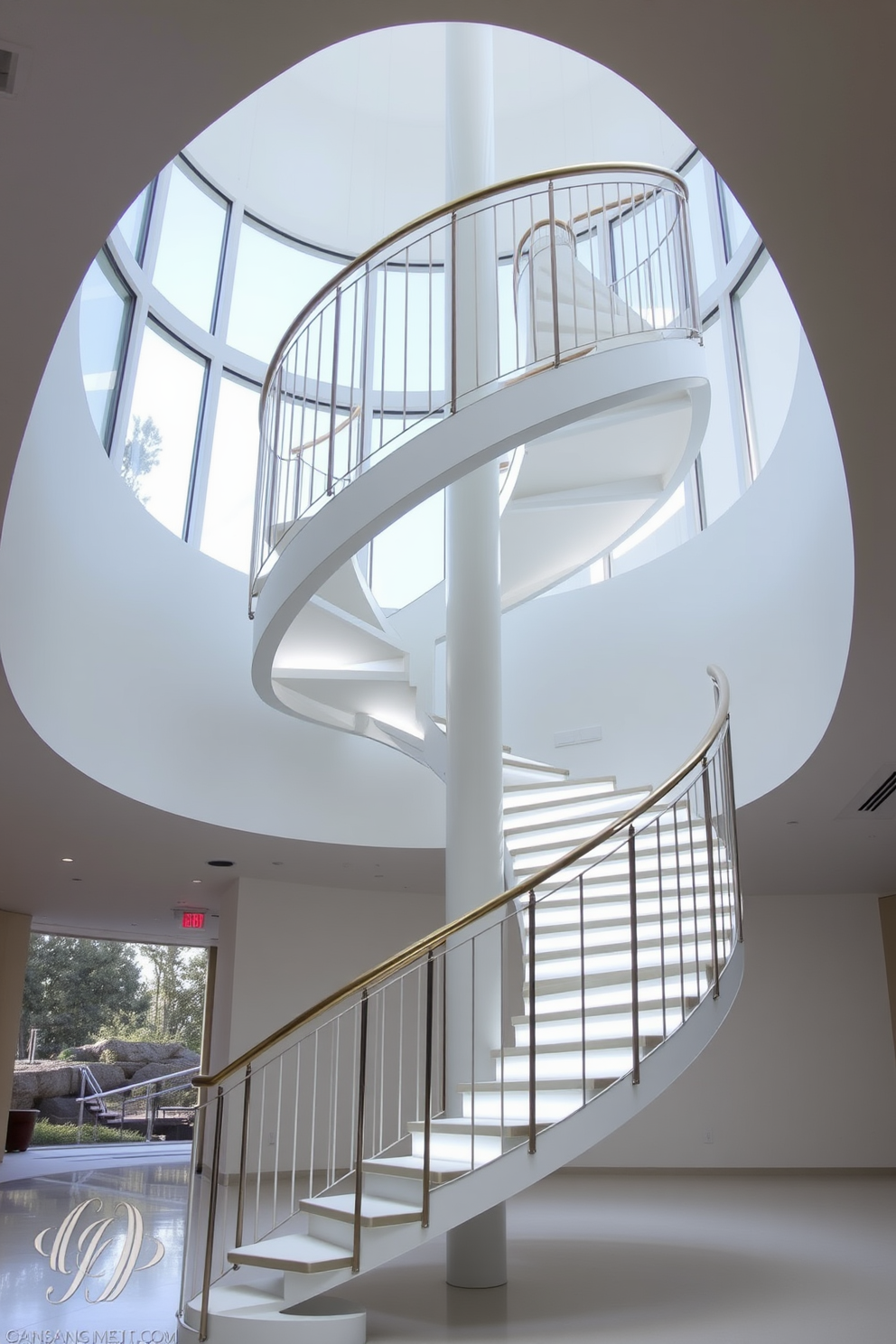 A stunning floating spiral staircase elegantly ascends, featuring sleek metal railings and illuminated LED lighting that highlights its graceful curves. The staircase is surrounded by a minimalist open space, with large windows allowing natural light to flood in, enhancing the modern aesthetic.