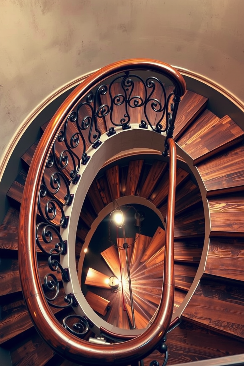 A vintage-inspired spiral staircase with intricate details. The staircase features ornate iron railings and a polished wooden handrail, winding elegantly to the upper level. The steps are crafted from reclaimed wood, showcasing rich textures and colors. Soft lighting illuminates the staircase, highlighting its craftsmanship and creating a warm ambiance.