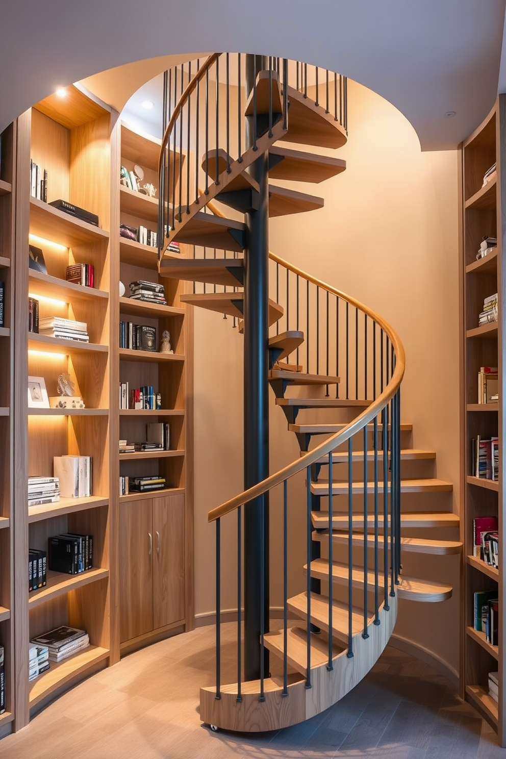 A stunning spiral staircase gracefully ascends through the center of the room. Integrated shelving units wrap around the staircase, showcasing books and decorative items in a harmonious blend of functionality and elegance. The staircase features a sleek metal railing with wooden accents that enhance its modern aesthetic. Soft lighting highlights the curves of the staircase, creating a warm and inviting atmosphere that draws the eye upward.