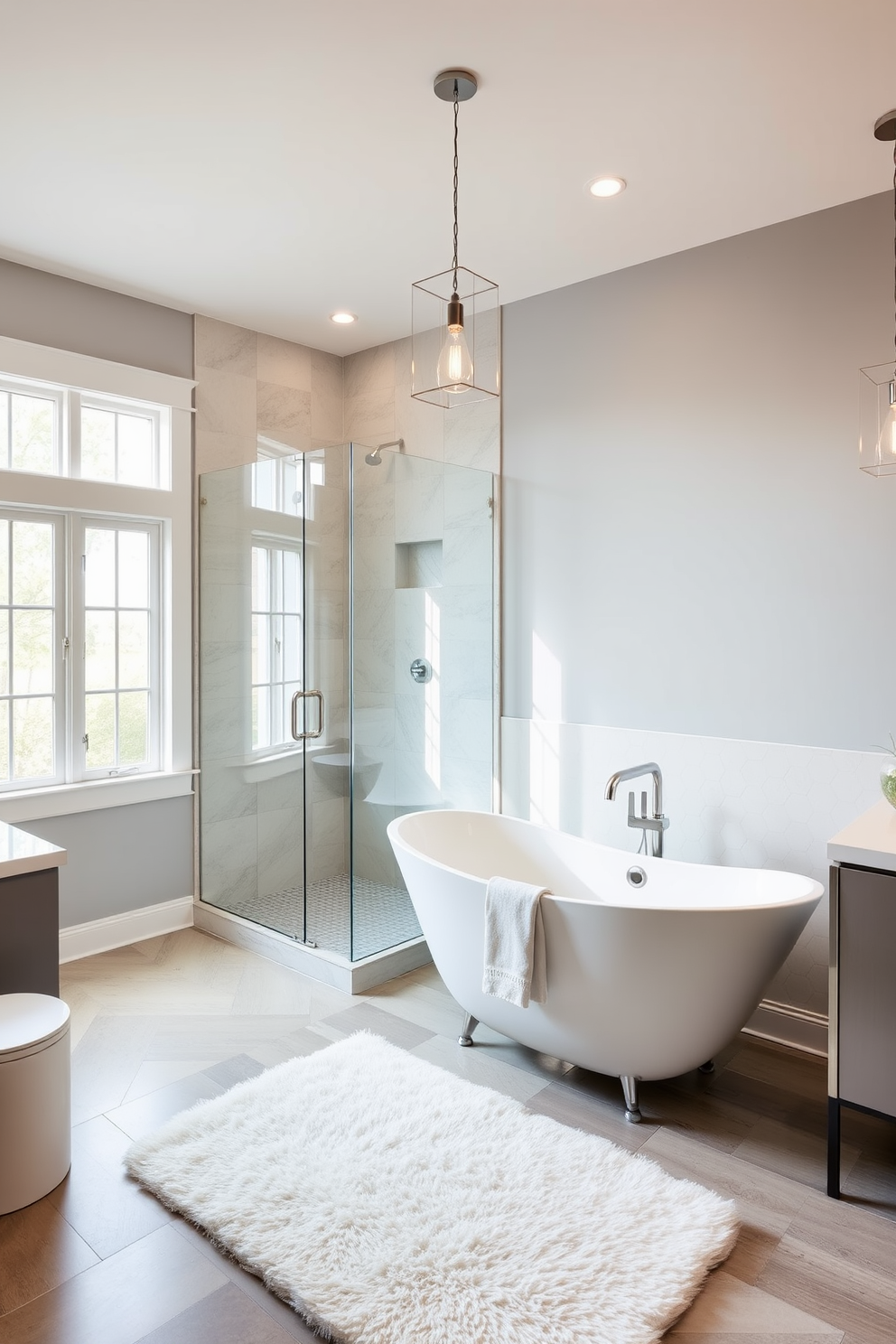 A modern wood split vanity with a sleek design features two separate sinks and frameless mirrors above each section. The bathroom showcases a harmonious blend of natural wood tones and contemporary fixtures, creating a stylish yet functional space. Incorporate a minimalist aesthetic with clean lines and ample storage solutions. The layout allows for a seamless flow between the vanity area and the rest of the bathroom, enhancing the overall design.