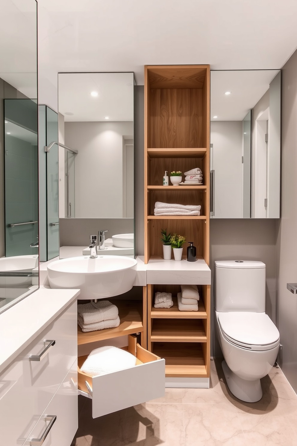 Open shelving lines the walls of the bathroom, providing easy access to toiletries and decorative items. The shelves are made of reclaimed wood, adding warmth and character to the space. The split bathroom design features a separate area for the shower and tub, allowing for a more functional layout. Neutral tiles and soft lighting create a serene atmosphere, perfect for relaxation.