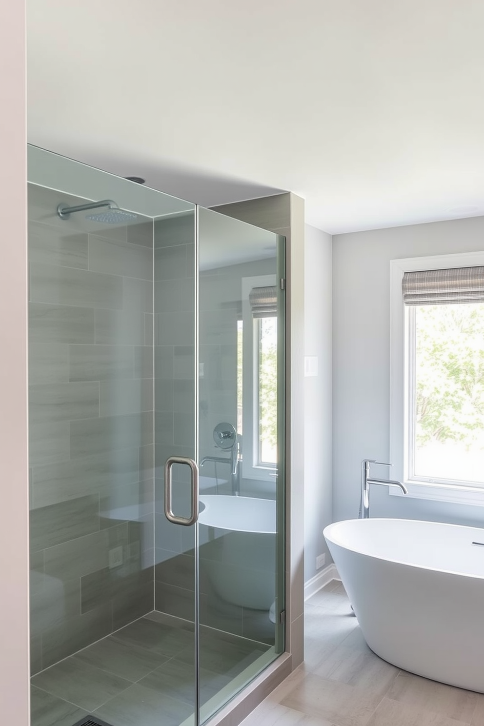 A modern split bathroom design featuring floating vanities that create an open and spacious atmosphere. The vanities are finished in a sleek white with integrated lighting and are paired with large mirrors that enhance the sense of space.