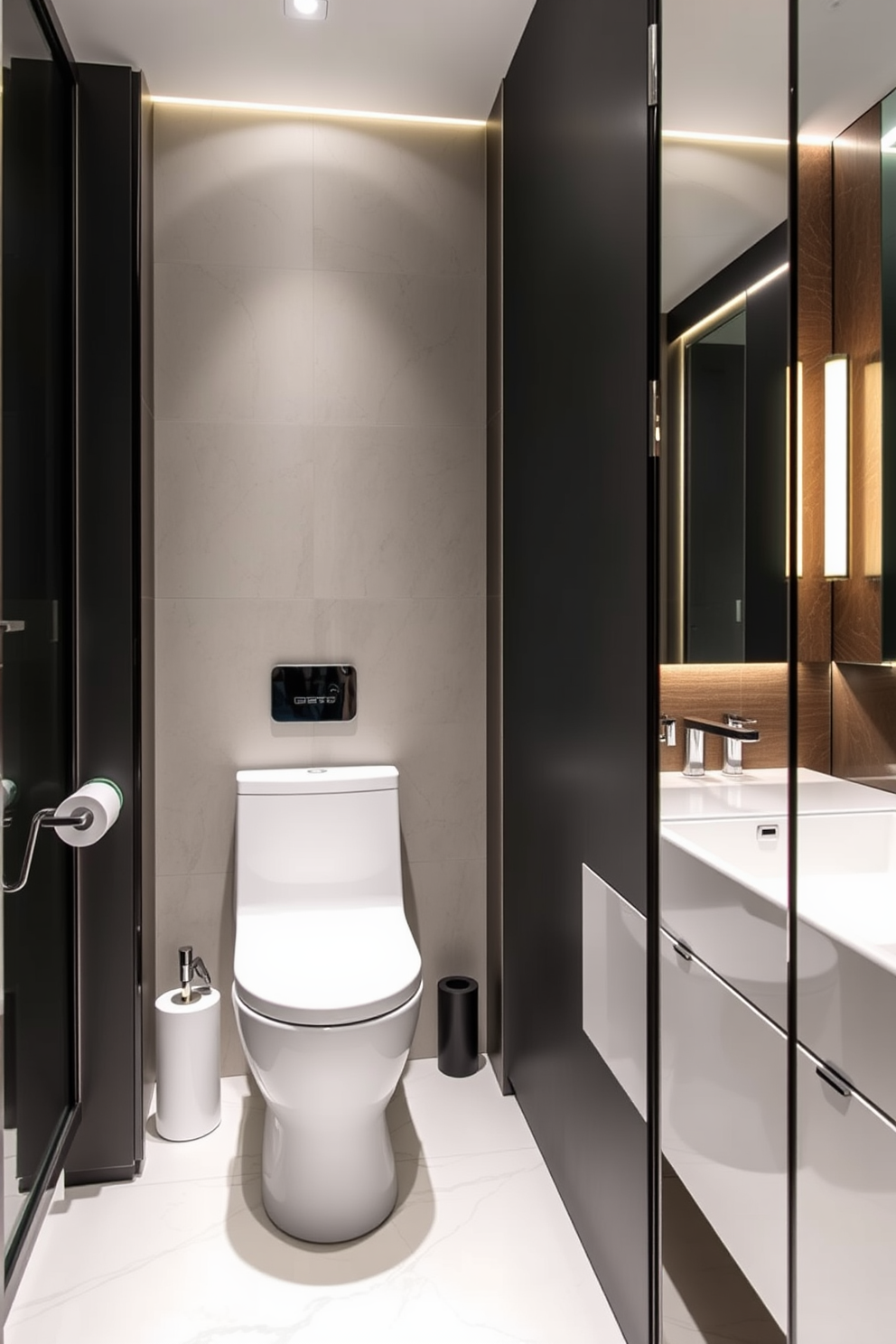 A serene split bathroom design that embraces warm neutral tones to create a calming ambiance. The space features a freestanding soaking tub surrounded by soft beige tiles and a wooden accent wall, while a separate vanity area showcases dual sinks with a natural stone countertop.