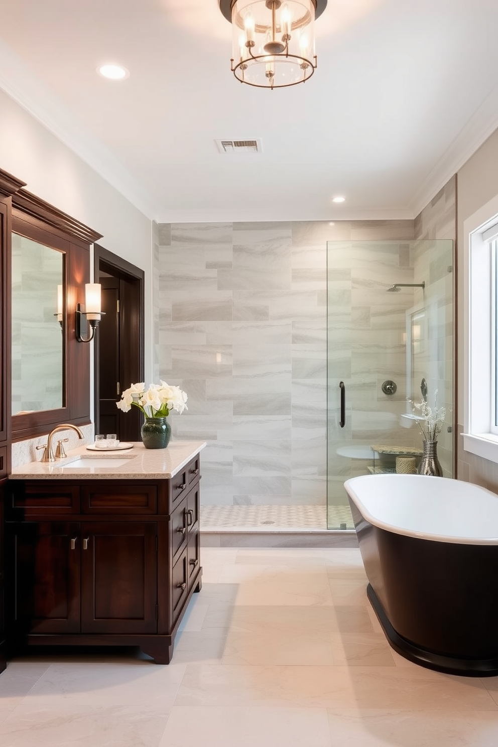 Elegant marble countertops with dual sinks in a split bathroom design. The space features a seamless blend of modern fixtures and classic accents, creating a luxurious atmosphere.