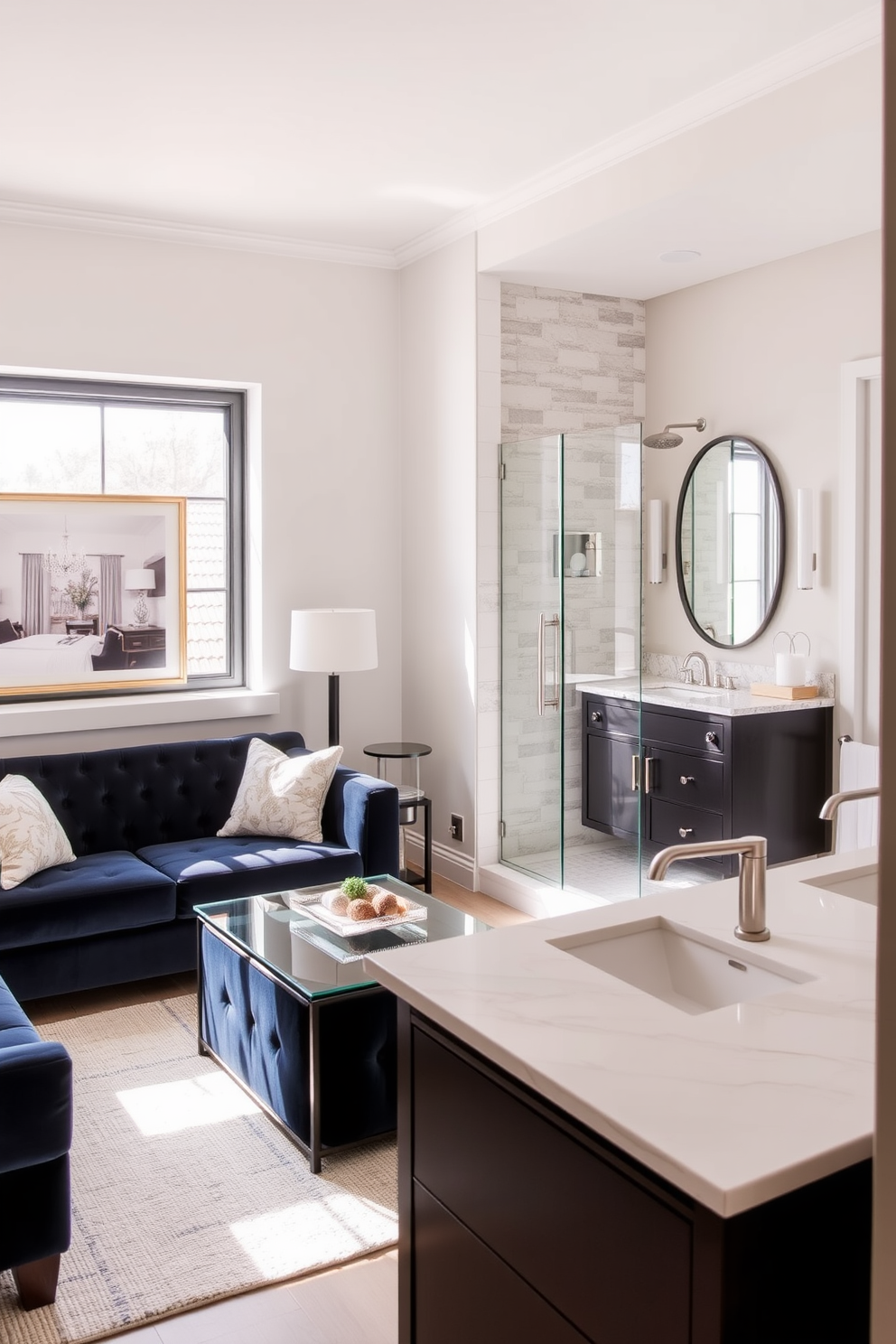 A luxurious split bathroom design featuring dual shower heads for a shared bathing experience. The space is divided by a frosted glass partition, allowing for privacy while maintaining an open feel. One side showcases a spacious walk-in shower with sleek tiles and modern fixtures, complemented by a built-in bench. The other side features a contemporary soaking tub surrounded by elegant decor and soft lighting for a relaxing atmosphere.