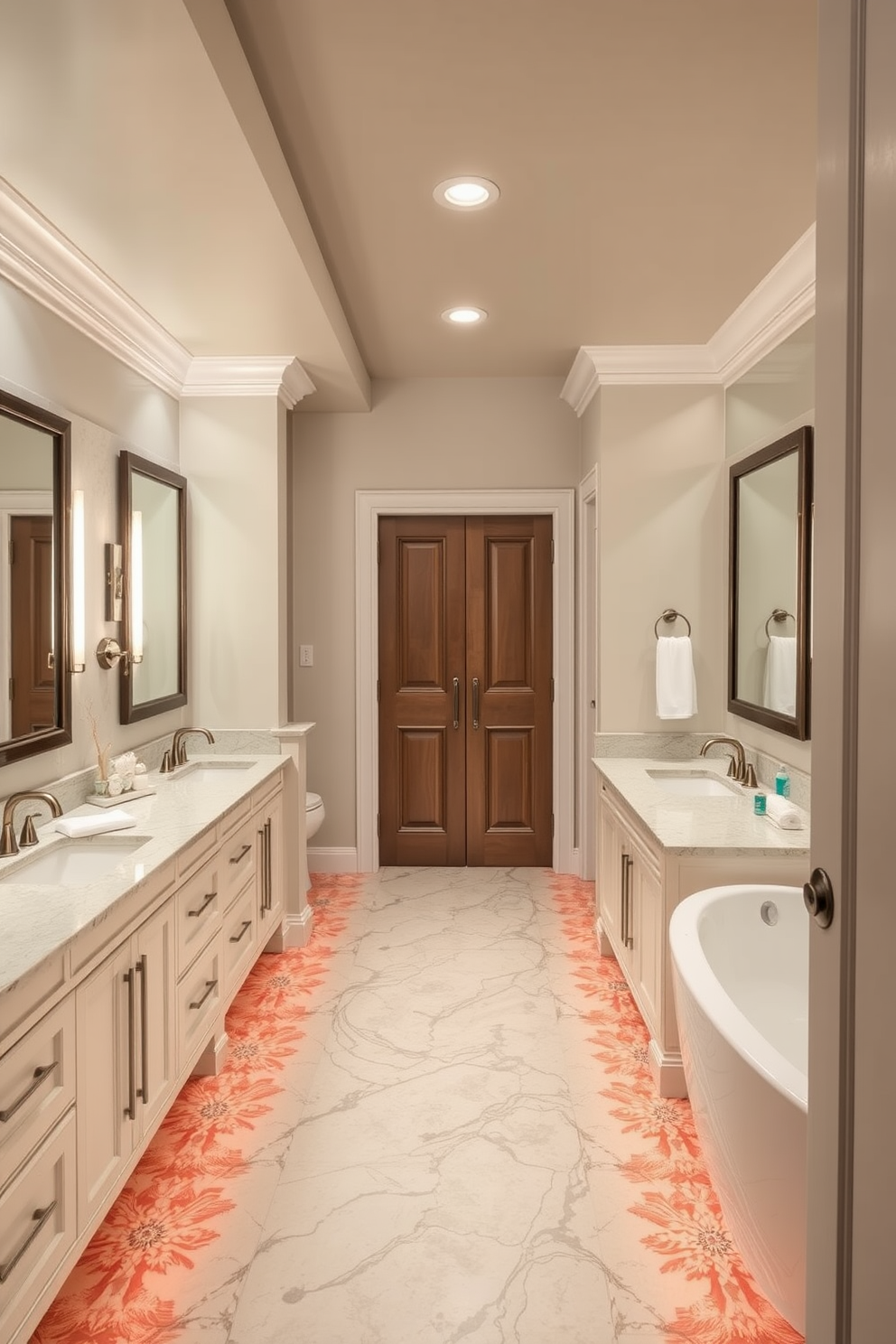 A serene split bathroom design featuring natural stone elements. One side showcases a freestanding stone bathtub surrounded by lush greenery, while the other side has a sleek stone shower with glass doors. The walls are adorned with textured stone panels, creating a harmonious blend with the wooden accents. Natural light floods the space through large windows, enhancing the earthy tones and inviting a sense of tranquility.