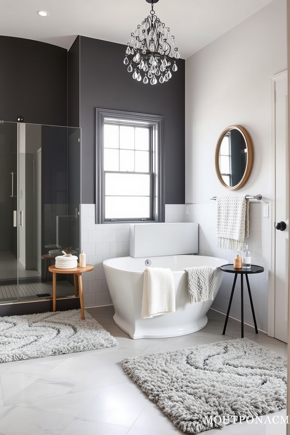 A split bathroom design featuring a symmetrical layout creates a sense of harmony and balance. On one side, a sleek freestanding tub is positioned opposite a modern double vanity with elegant fixtures. The walls are adorned with large format tiles in soft neutral tones, enhancing the spacious feel of the room. Flanking the tub, tall potted plants add a touch of greenery, while strategically placed sconces provide warm ambient lighting.