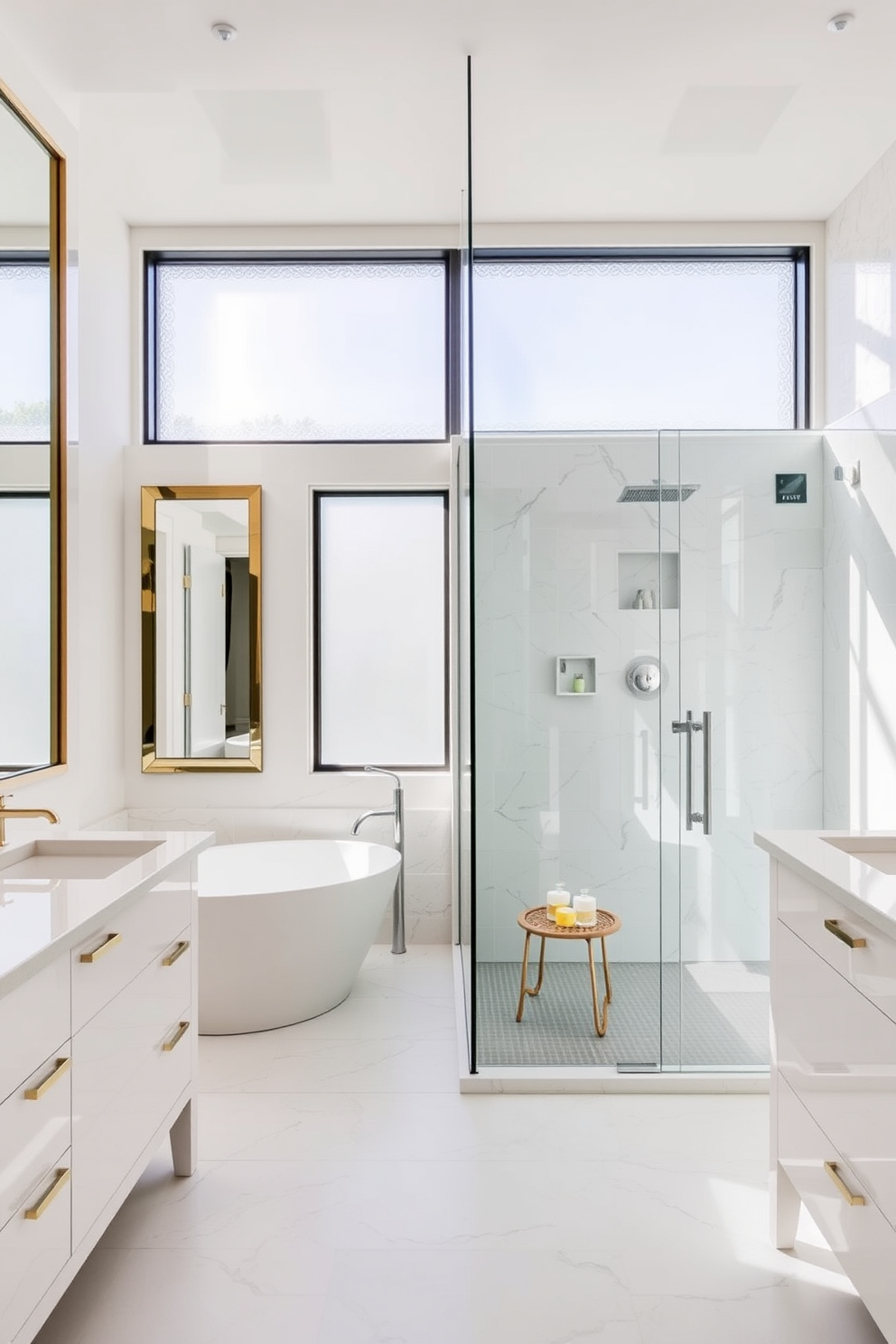 A sleek and modern split bathroom featuring integrated technology for convenience. One side showcases a floating vanity with touchless faucets and a backlit mirror, while the other side has a spacious walk-in shower with a digital temperature control panel. The walls are adorned with large format tiles in a soft gray tone, creating a calming atmosphere. A smart toilet with a heated seat and built-in bidet functionality is elegantly placed in the corner, enhancing the modern feel of the space.