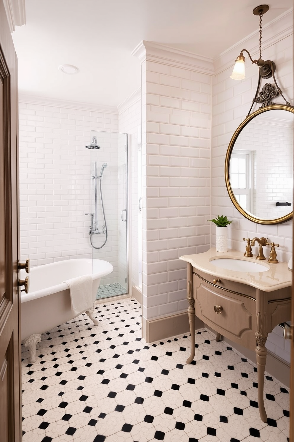 A minimalist bathroom featuring sleek cabinetry with clean lines and a monochromatic color scheme. The space is enhanced by natural light streaming through a large frosted window, creating a serene atmosphere. The split bathroom design includes a separate area for the shower, enclosed by glass panels, and a freestanding tub positioned against a feature wall. Simple accessories, such as a single potted plant and minimalist art, add a touch of elegance without cluttering the space.