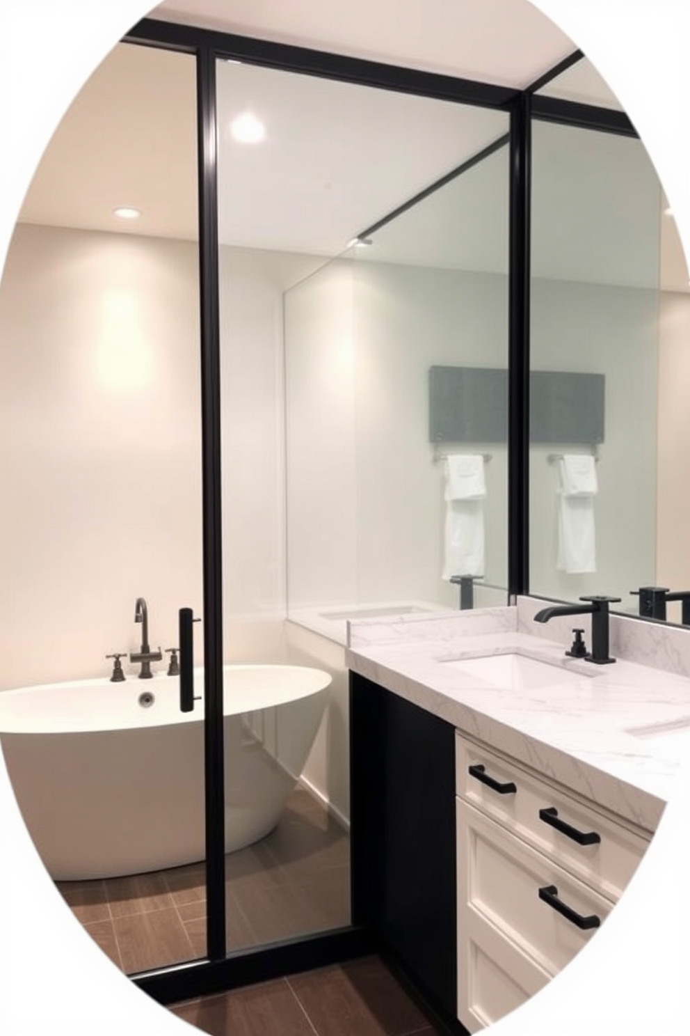 A vintage style bathroom featuring a stunning clawfoot tub as the centerpiece. The space is divided into two distinct areas, one with elegant fixtures and the other showcasing rustic charm.