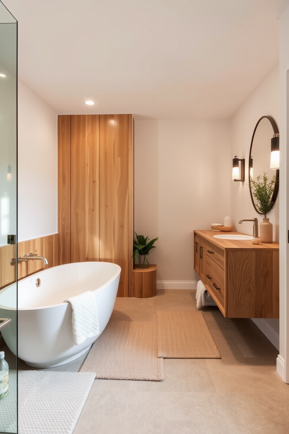 A bold color scheme featuring deep navy blue walls contrasted with bright white fixtures creates a striking visual impact. The split bathroom design includes a freestanding bathtub on one side and a spacious shower enclosure on the other, both accented with vibrant gold hardware.