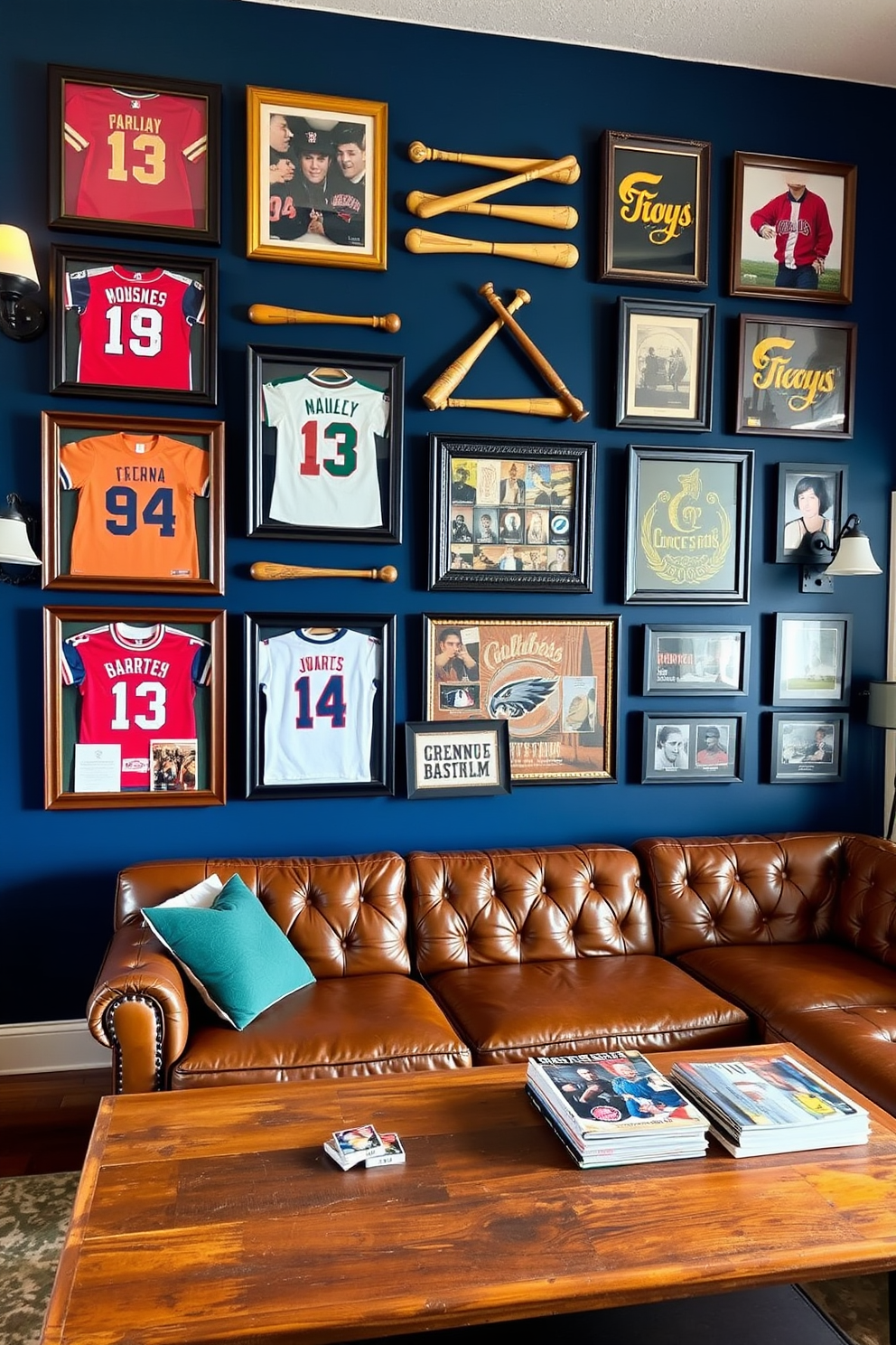 A vintage sports memorabilia wall display features an array of framed jerseys, autographed photographs, and classic baseball bats. The wall is painted in a deep navy blue, providing a striking backdrop that enhances the colors of the memorabilia. In the center of the room, a plush leather sectional sofa invites relaxation, while a rustic wooden coffee table holds coasters and a selection of sports magazines. Ambient lighting from stylish sconces adds warmth, creating an inviting atmosphere for game nights.