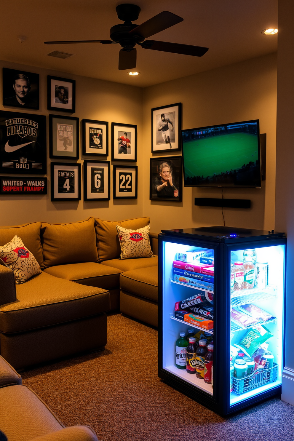 A cozy mini fridge is positioned in the corner of a stylish sports man cave. The fridge is stocked with a variety of snacks and beverages, complementing the comfortable seating area with a large sectional sofa. The walls are adorned with framed sports memorabilia and a flat-screen TV is mounted for game days. Ambient lighting enhances the atmosphere, creating an inviting space for relaxation and entertainment.