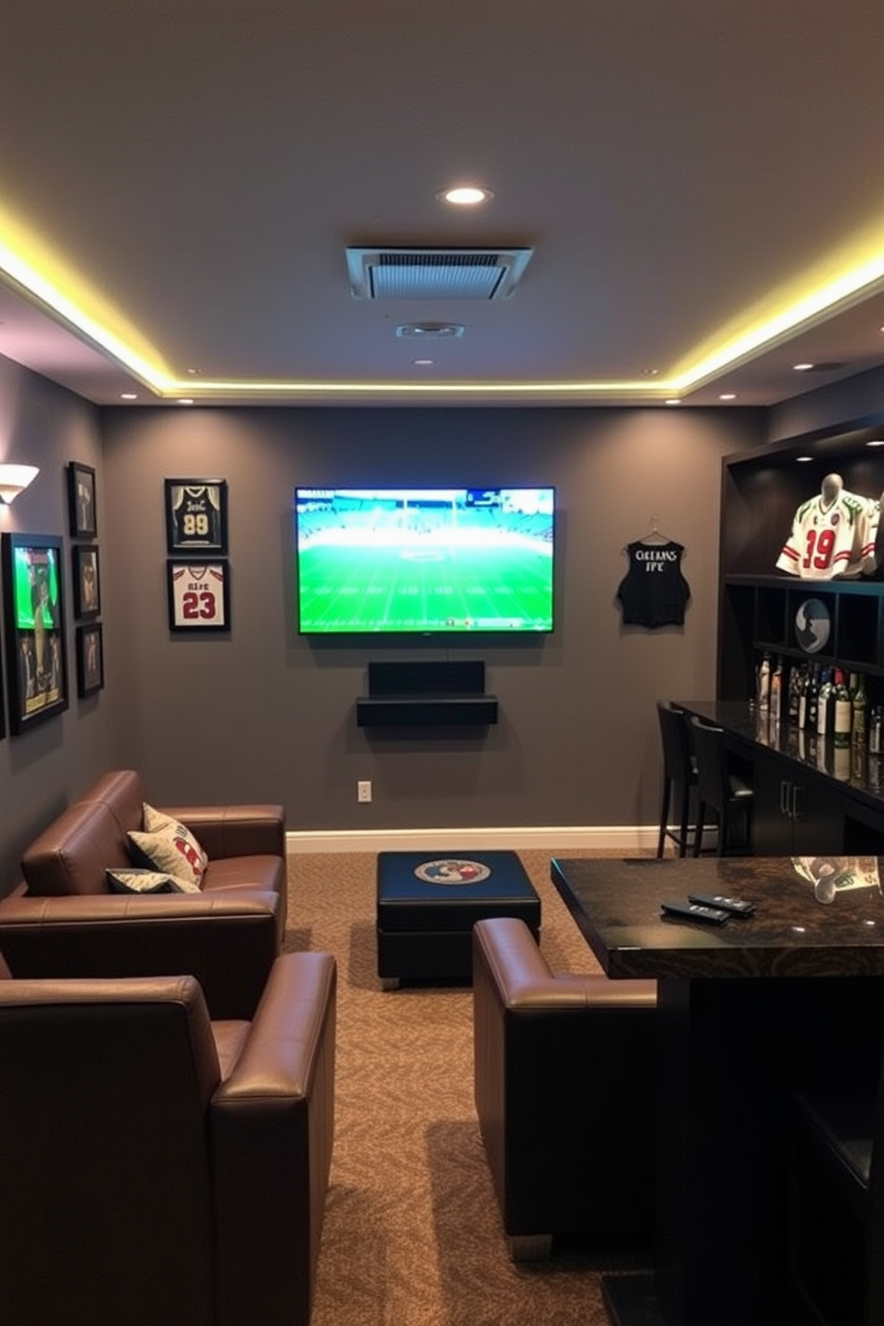 A stylish man cave featuring a wall-mounted flat screen TV as the focal point. The setup includes comfortable leather seating arranged for optimal viewing and accentuated by ambient lighting. The walls are adorned with sports memorabilia and framed jerseys, creating an immersive atmosphere. A sleek bar area complements the design, stocked with beverages and equipped with high-top seating for entertaining guests.