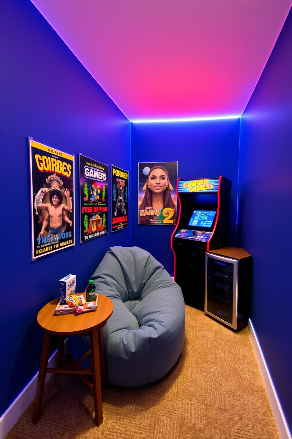 A vibrant corner dedicated to classic arcade games featuring a retro-style arcade cabinet with colorful graphics. Surrounding the cabinet are vintage posters of iconic games and a plush bean bag chair for comfortable seating. The walls are painted in a deep blue shade to create a cozy atmosphere, complemented by soft LED strip lighting along the edges. A small wooden table holds snacks and drinks, while a mini fridge is tucked away in the corner for convenience.