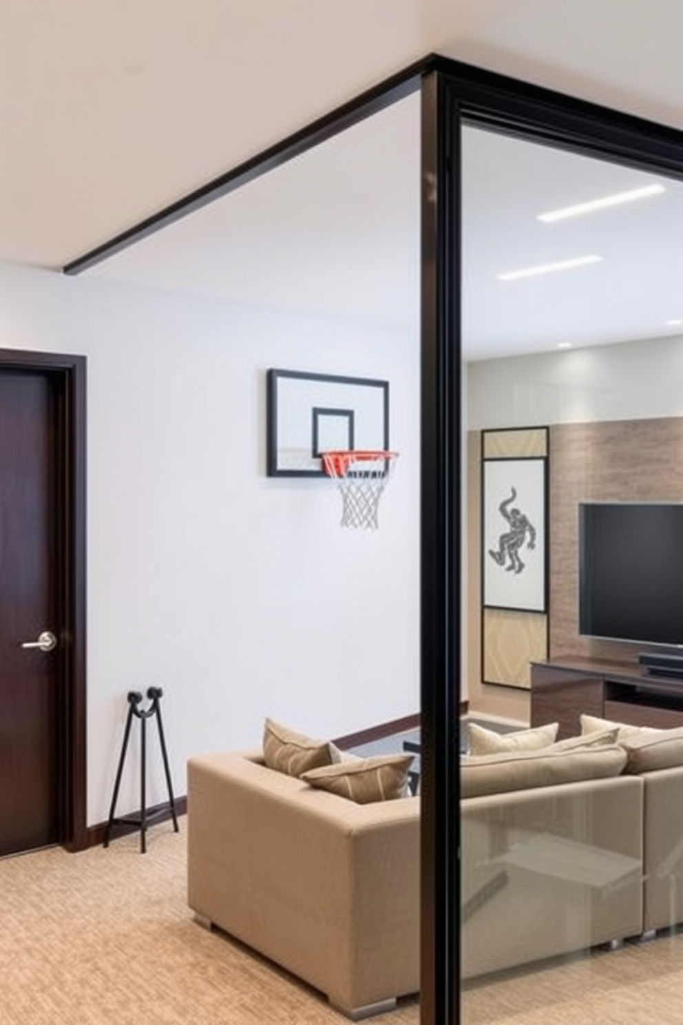 A stylish sports man cave featuring an indoor basketball hoop mounted on a wall. The space includes comfortable seating with a sectional sofa and a large flat-screen TV for game day viewing.