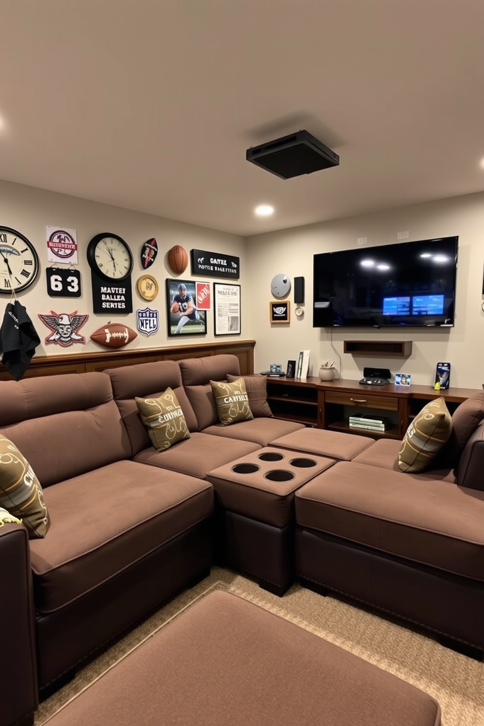 A cozy man cave featuring a spacious sectional sofa with built-in cup holders for ultimate comfort during game nights. The walls are adorned with sports memorabilia and a large flat-screen TV is mounted for an immersive viewing experience.