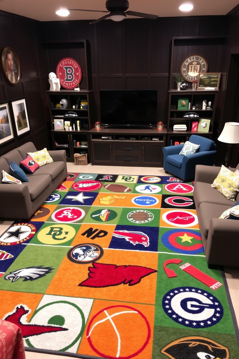 A vibrant sports-themed area rug featuring the logos of various teams sprawls across the floor, creating a lively focal point in the room. Surrounding the rug, comfortable seating is arranged in a cozy layout, perfect for watching games with friends. The man cave is designed with dark wood paneling and a large flat-screen TV mounted on the wall, ensuring an immersive viewing experience. Vintage sports memorabilia adorns the shelves, adding character and a personal touch to the space.