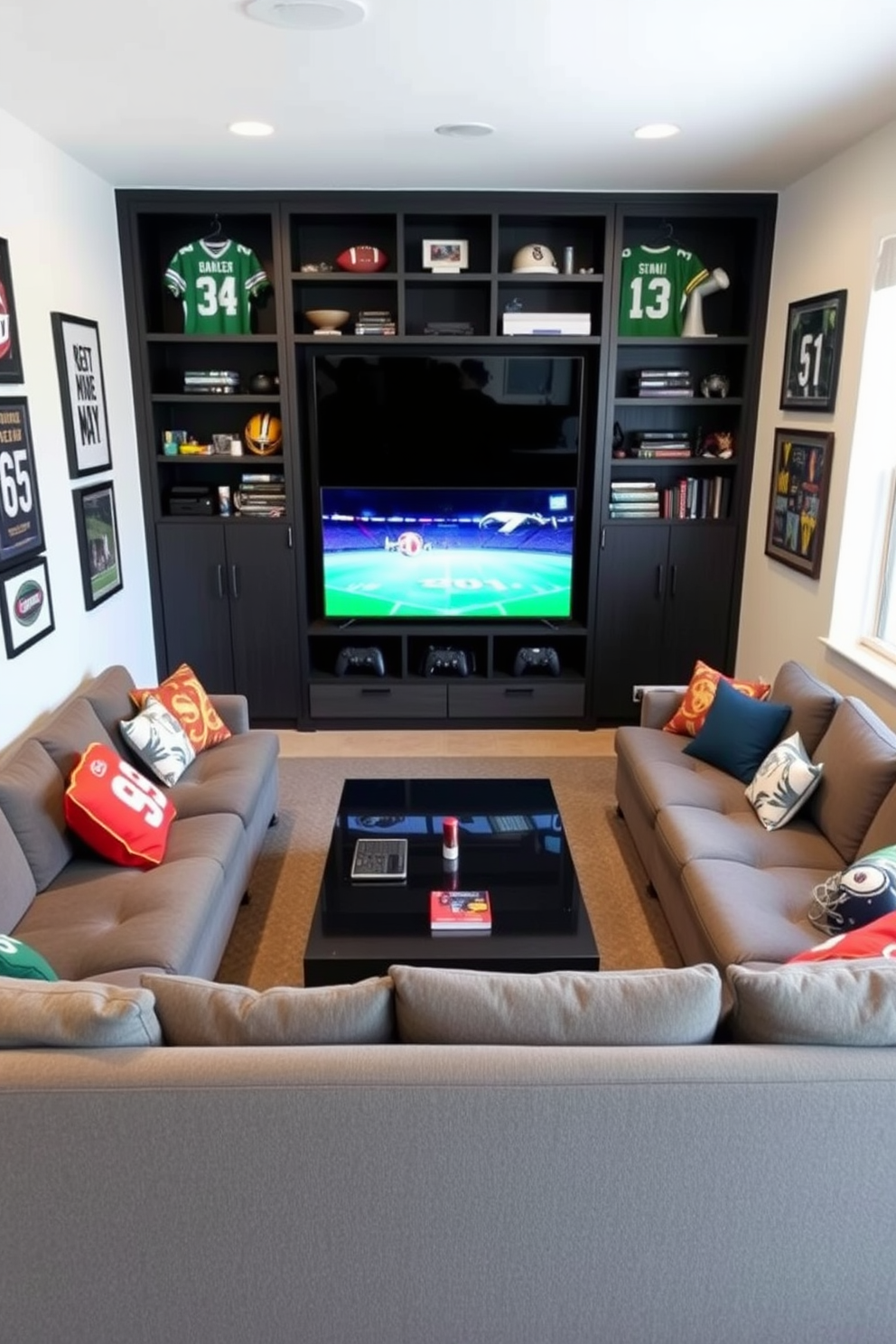 A modern sports man cave featuring a large fridge stocked with favorite beverages. The room includes a comfortable sectional sofa facing a big screen TV, with sports memorabilia adorning the walls. The flooring is a polished concrete, complemented by a stylish area rug in team colors. Ambient lighting creates a cozy atmosphere, while a mini bar area adds to the entertainment options.