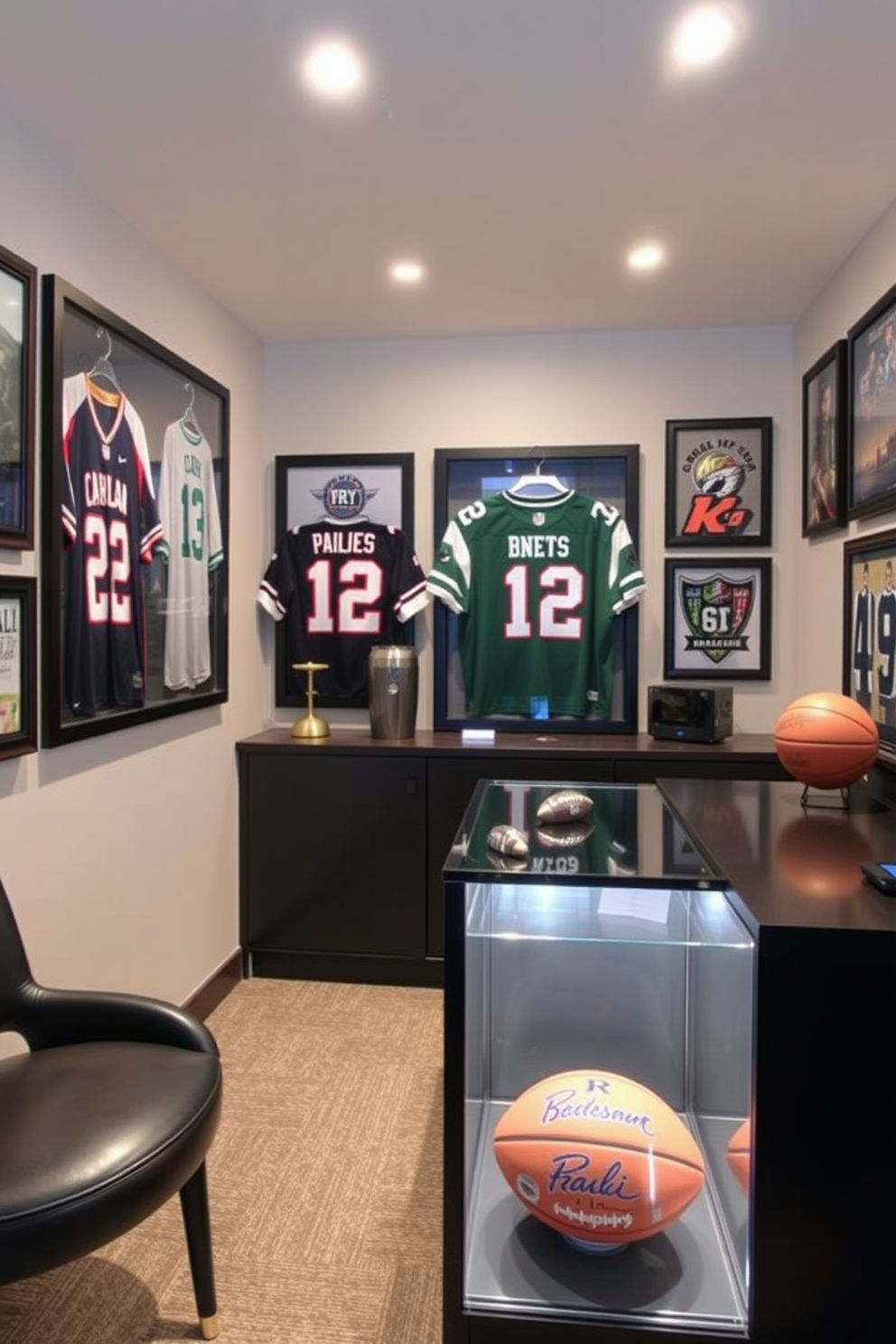 A stylish sports man cave featuring acoustic panels on the walls for optimal sound control. The space includes a large sectional sofa facing a big screen TV, with sports memorabilia tastefully displayed around the room.