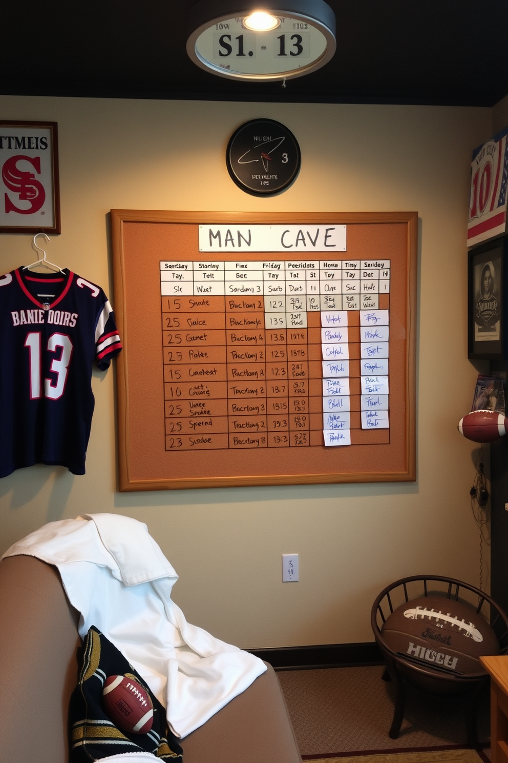 A cozy man cave featuring a large corkboard mounted on the wall for game day schedules. The room is adorned with sports memorabilia, including framed jerseys and signed balls, creating an inviting atmosphere for fans.