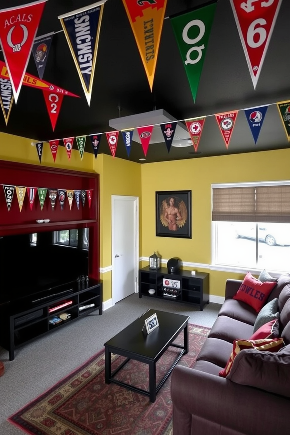 A vibrant sports man cave featuring team pennants hanging from the ceiling creates an energetic atmosphere. The walls are painted in the team's colors, and comfortable seating is arranged around a large flat-screen TV for the ultimate viewing experience.