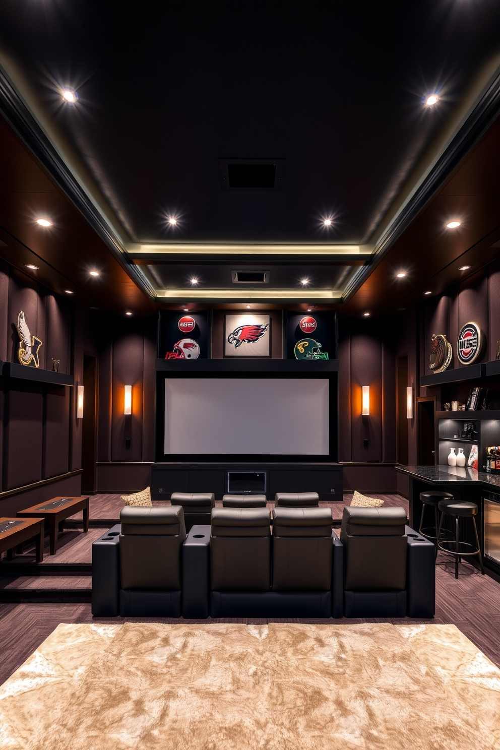 A luxurious home theater featuring plush stadium seating arranged in a tiered layout for optimal viewing. The walls are adorned with dark acoustic panels, and a large screen dominates the front wall, complemented by ambient lighting and elegant decor. The space is designed as a sports man cave, showcasing memorabilia from favorite teams displayed on custom shelves. A stylish bar area with high-top stools and a mini-fridge adds to the entertainment experience, while a cozy rug anchors the seating area.