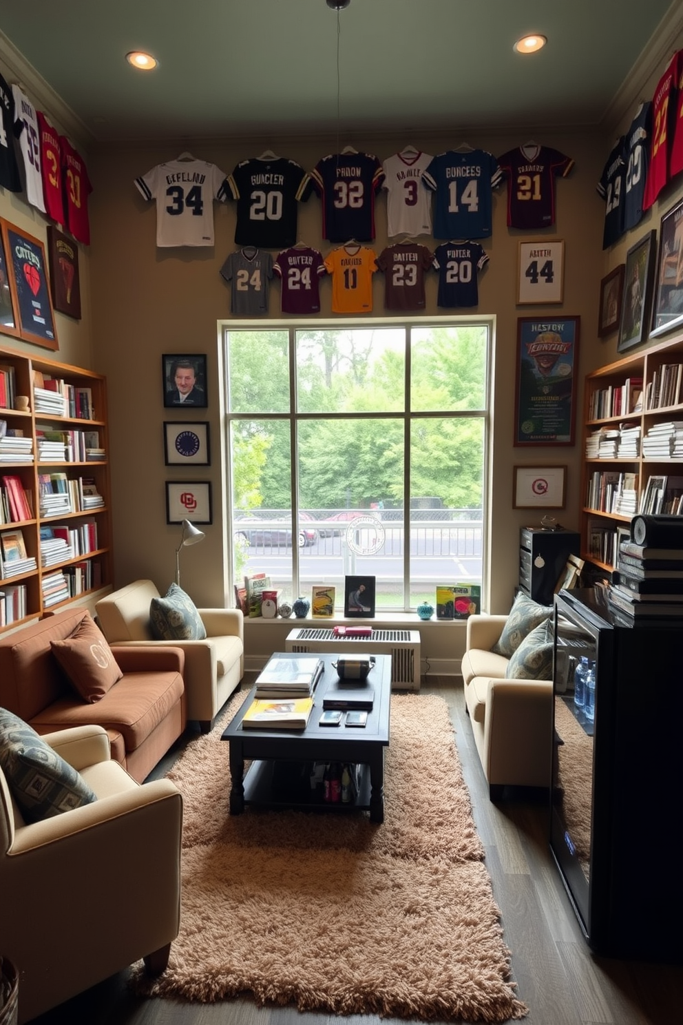 A cozy sports library featuring shelves lined with an extensive collection of sports books and magazines. Comfortable seating is arranged around a central coffee table, with a large window allowing natural light to flood the space. The walls are adorned with framed jerseys and memorabilia, creating a vibrant atmosphere. A plush rug anchors the seating area, and a mini fridge stocked with refreshments is conveniently placed nearby.