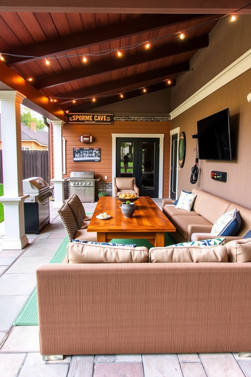 A cozy outdoor patio designed for game barbecues features a large wooden table surrounded by comfortable chairs. A built-in grill is situated nearby, with string lights overhead creating a warm and inviting atmosphere. The sports man cave design includes a plush sectional sofa facing a large flat-screen TV mounted on the wall. Sports memorabilia adorns the walls, and a mini-fridge stocked with drinks is conveniently placed for easy access during game nights.