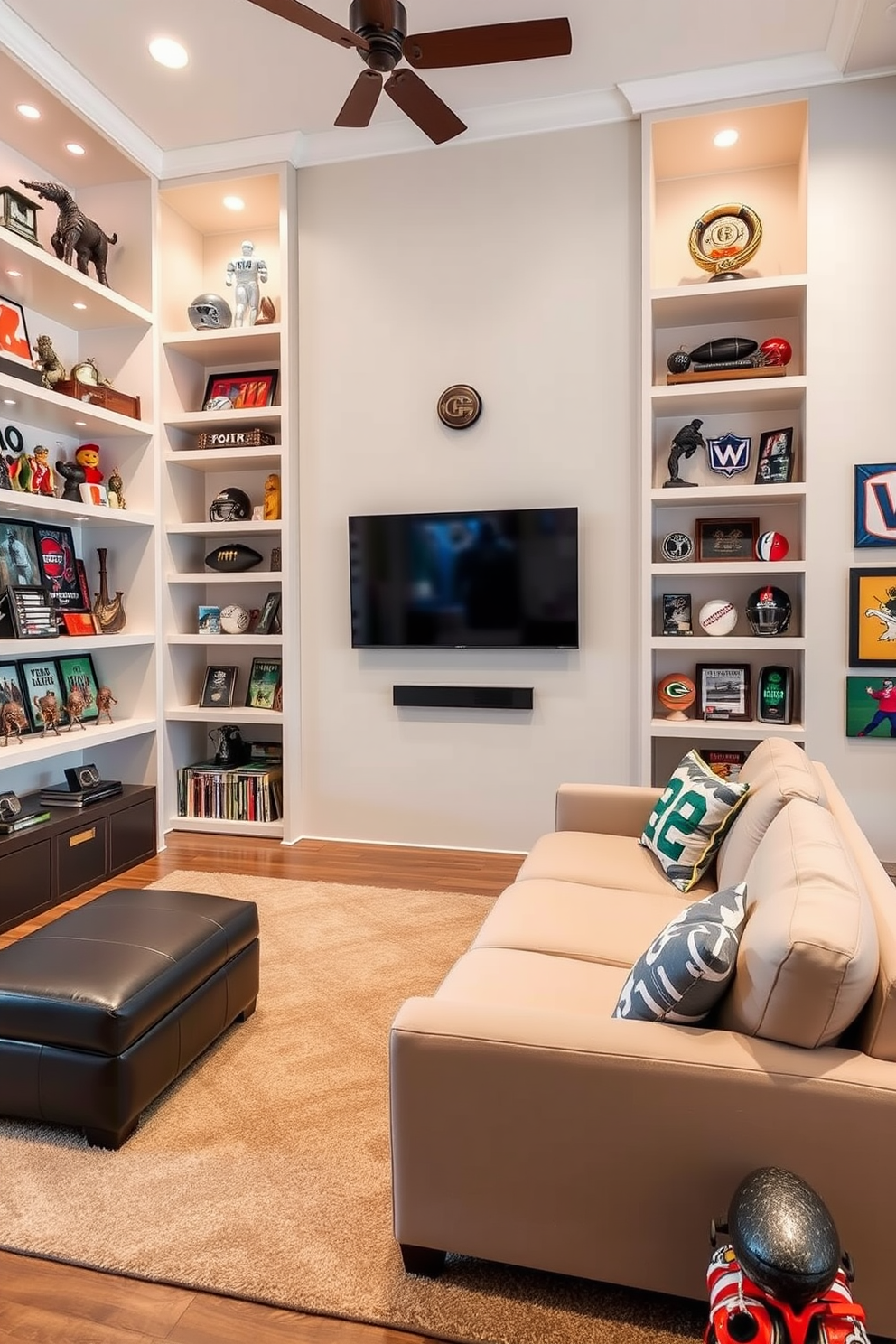 A stylish wall clock featuring logos of popular sports teams is the centerpiece of the room. Surrounding the clock, the walls are adorned with framed jerseys and memorabilia from various sports. The man cave is designed with comfortable seating in rich leather, perfect for hosting friends during game nights. A large flat-screen TV is mounted on the wall, providing an ideal viewing experience for sports enthusiasts.