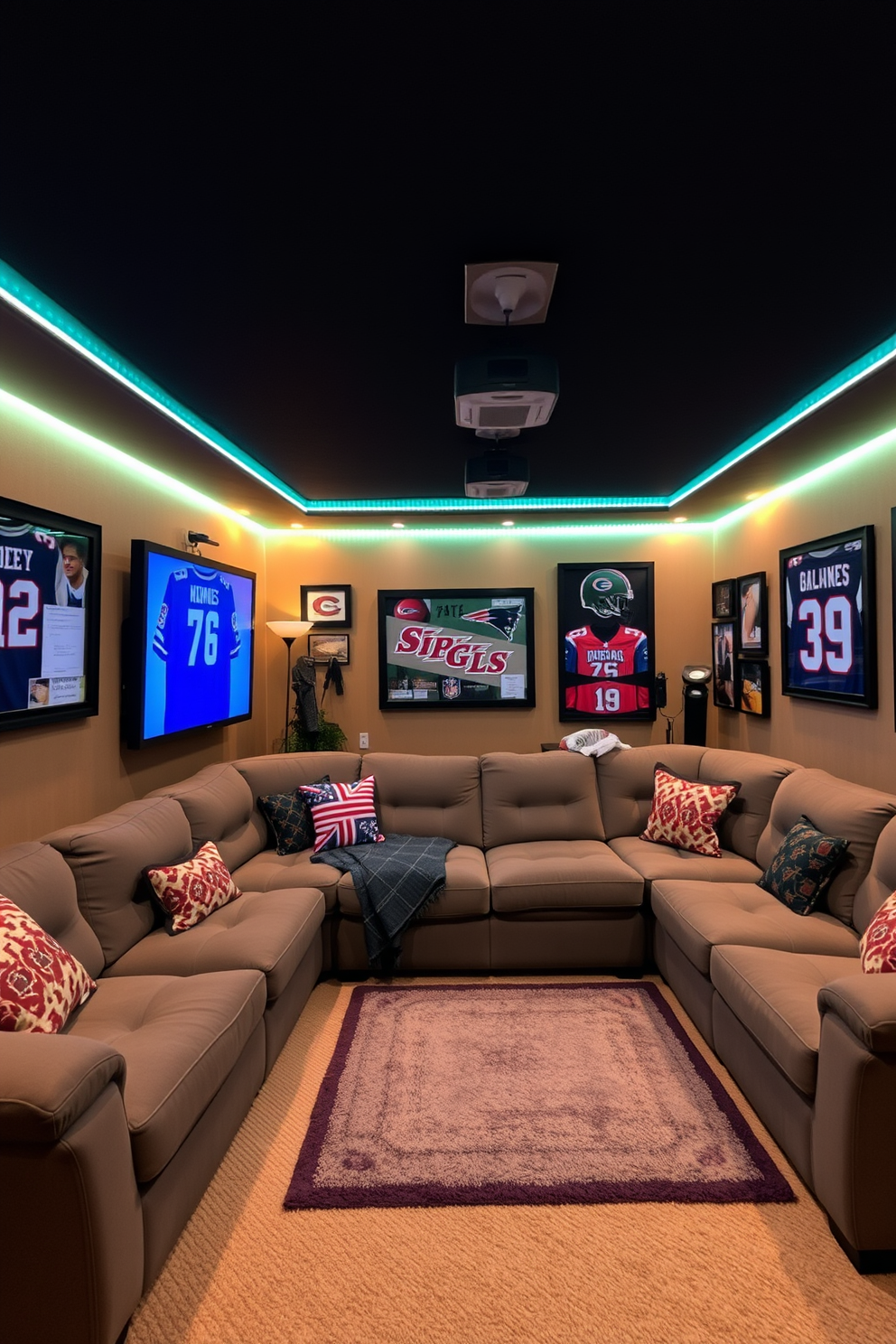 A cozy sports man cave featuring LED strip lighting that creates a warm and inviting ambiance. The walls are adorned with framed jerseys and memorabilia, while a large sectional sofa provides ample seating for friends and family.