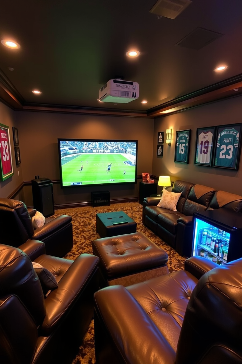 A stylish sports man cave featuring a portable projector set up for big games. The room is adorned with comfortable seating, including a large sectional sofa and a couple of recliners, all in rich leather. The walls are decorated with framed jerseys and memorabilia from favorite teams. Ambient lighting enhances the atmosphere, while a mini-fridge stocked with drinks is conveniently placed nearby.