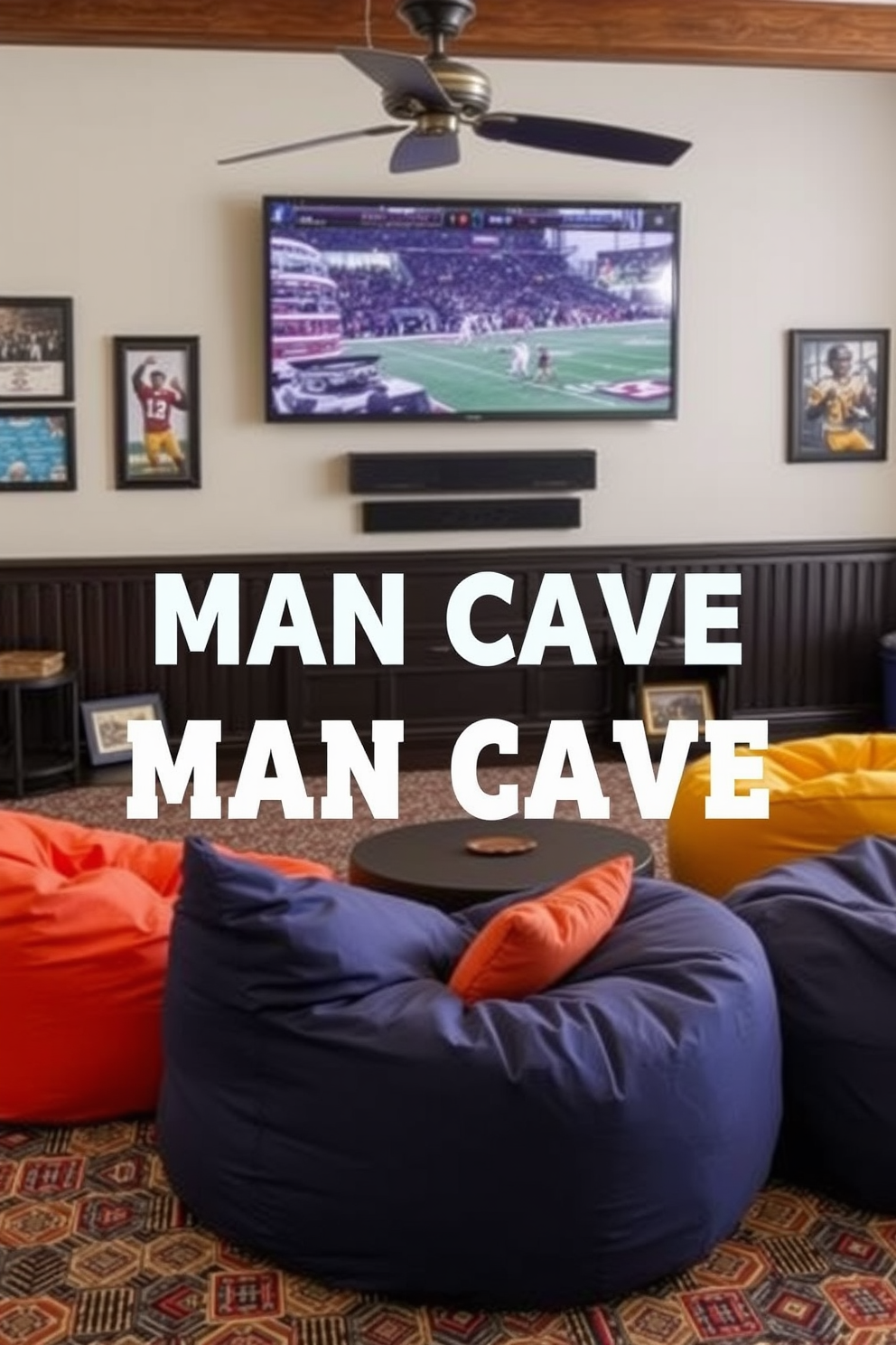 A cozy man cave designed for sports enthusiasts. The centerpiece is a rustic wooden coffee table stacked with sports-themed coffee table books featuring iconic moments and athletes. The walls are adorned with framed jerseys and memorabilia from favorite teams. A comfortable sectional sofa faces a large flat-screen TV, creating the perfect spot for game day gatherings.