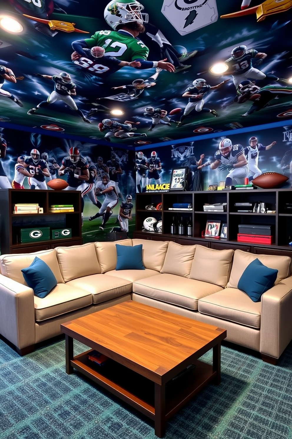 A dynamic sports-themed room featuring wallpaper adorned with action shots of various athletes in motion. The color palette includes deep blues and vibrant greens, creating an energetic atmosphere. In the center, a plush sectional sofa is arranged around a coffee table, perfect for game day gatherings. Shelves display memorabilia and sports equipment, adding a personalized touch to the man cave.