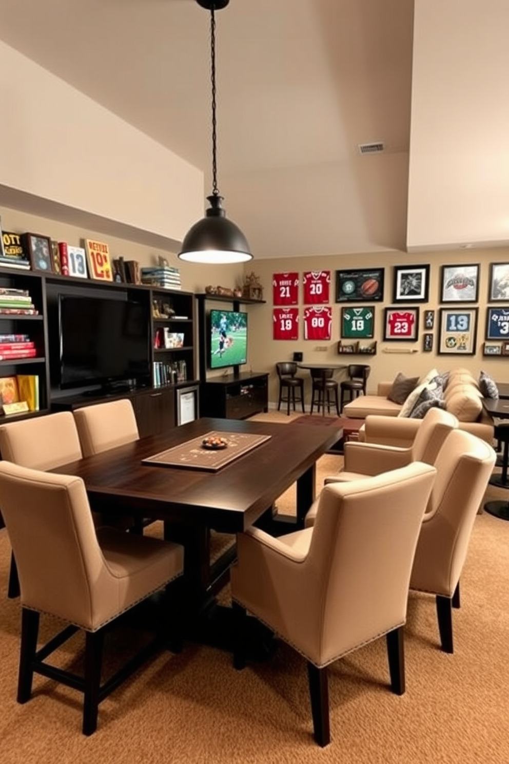 A cozy game table setup designed for board and card games. The table is made of dark wood with comfortable upholstered chairs surrounding it, creating an inviting atmosphere for friends and family. The walls are adorned with shelves filled with board games and collectibles. Soft lighting from a stylish pendant lamp hangs above the table, enhancing the relaxed vibe of the space. A sports-themed man cave featuring a large sectional sofa facing a big-screen TV. The walls are decorated with framed jerseys and sports memorabilia, creating an immersive experience for fans. A custom bar area with high stools complements the man cave design. The flooring is a durable carpet, providing comfort while watching games or hosting gatherings.