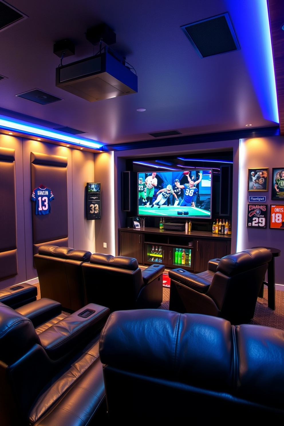 A state-of-the-art sound system is integrated into the walls and ceiling, providing an immersive audio experience for gaming and movie nights. Plush leather seating is arranged for optimal viewing, complemented by ambient LED lighting that can be adjusted to set the mood. The sports man cave features a large flat-screen TV mounted above a custom-built bar, stocked with refreshments and memorabilia. Walls are adorned with framed jerseys and sports posters, creating a dynamic atmosphere for entertaining friends and enjoying the game.