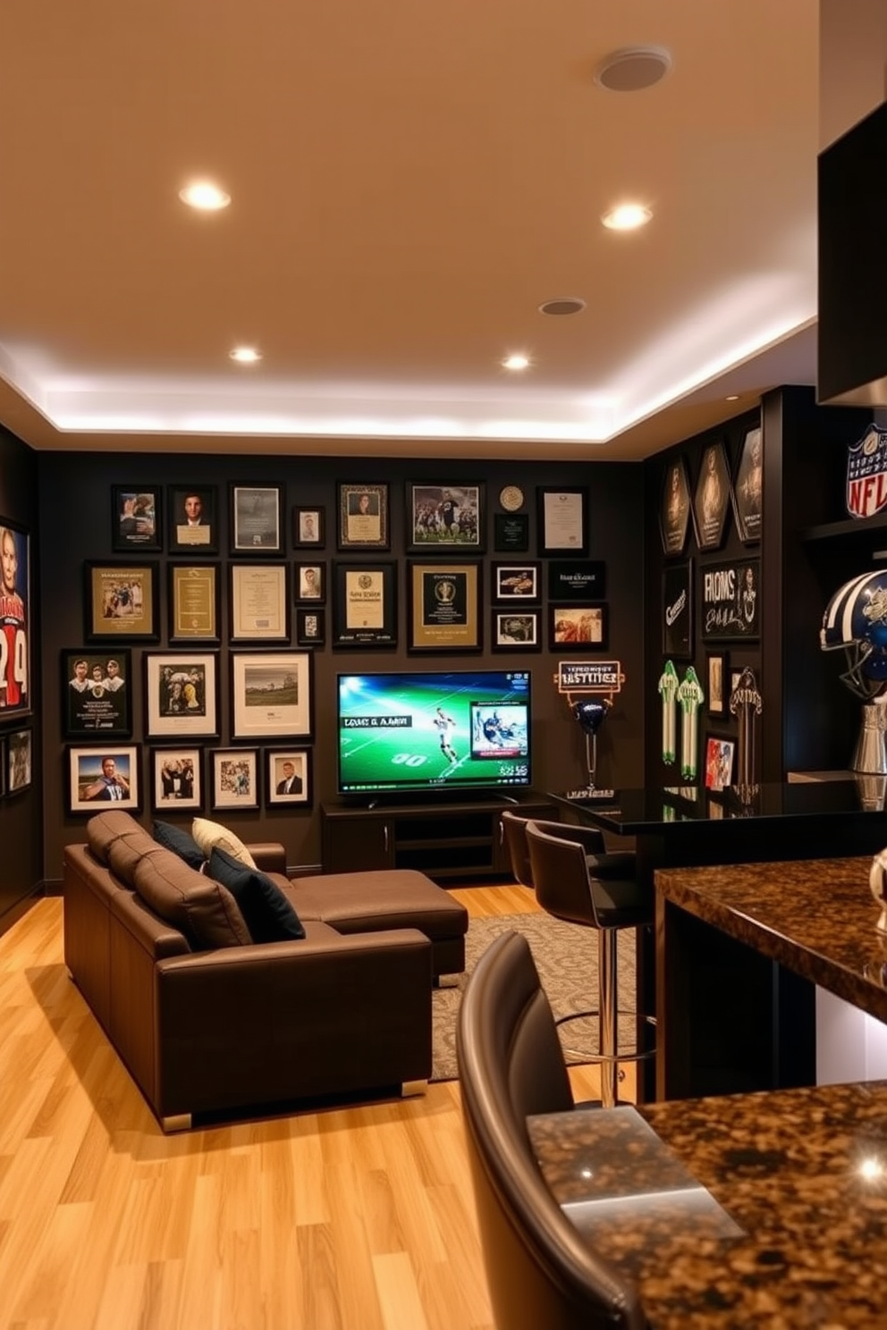 A wall of fame featuring personal achievements is showcased in a sleek and modern space. Framed awards and photographs are arranged in a visually appealing layout, complemented by warm lighting that highlights each piece. The sports man cave design features a comfortable sectional sofa facing a large flat-screen TV. Sports memorabilia adorns the walls, and a stylish bar area is equipped with high stools for entertaining friends.