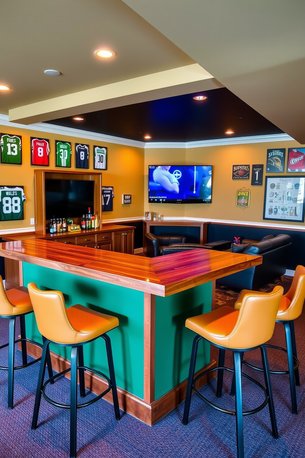 A custom bar area designed with vibrant team colors dominates the space, featuring a sleek wooden bar top and high stools that invite guests to gather. The walls are adorned with framed jerseys and memorabilia, creating a lively atmosphere perfect for game day. In the corner, a large flat-screen TV is mounted for optimal viewing, surrounded by comfortable seating for friends and family. Ambient lighting highlights the bar and adds to the excitement of the sports man cave experience.