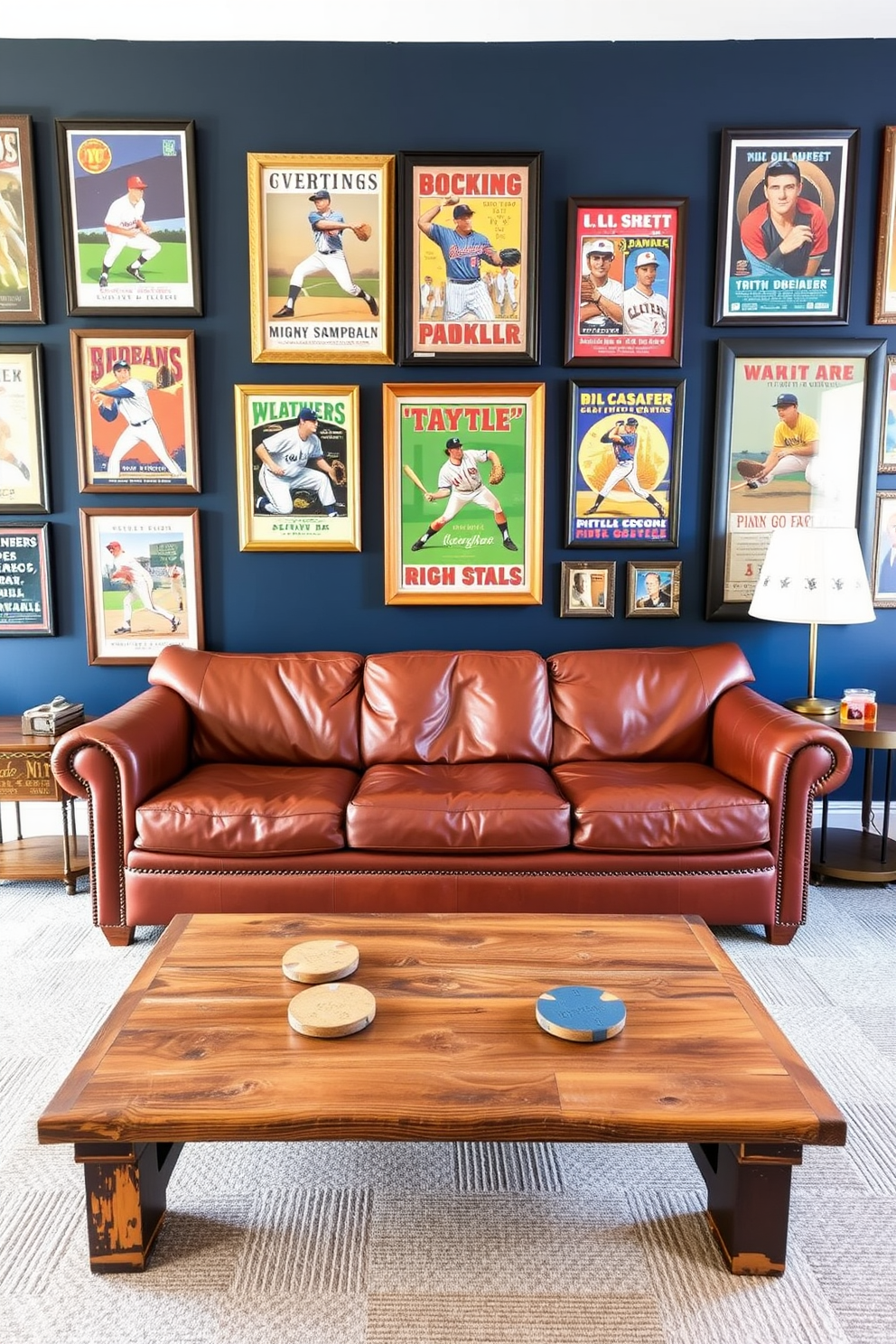 A vintage sports posters gallery features an array of framed memorabilia showcasing iconic athletes and classic teams. The walls are painted in a deep navy blue, creating a striking backdrop for the colorful posters. In the center of the room, a comfortable leather sectional sofa invites relaxation while surrounded by sports memorabilia. A rustic wooden coffee table sits in front, adorned with coasters made from repurposed baseball bats.