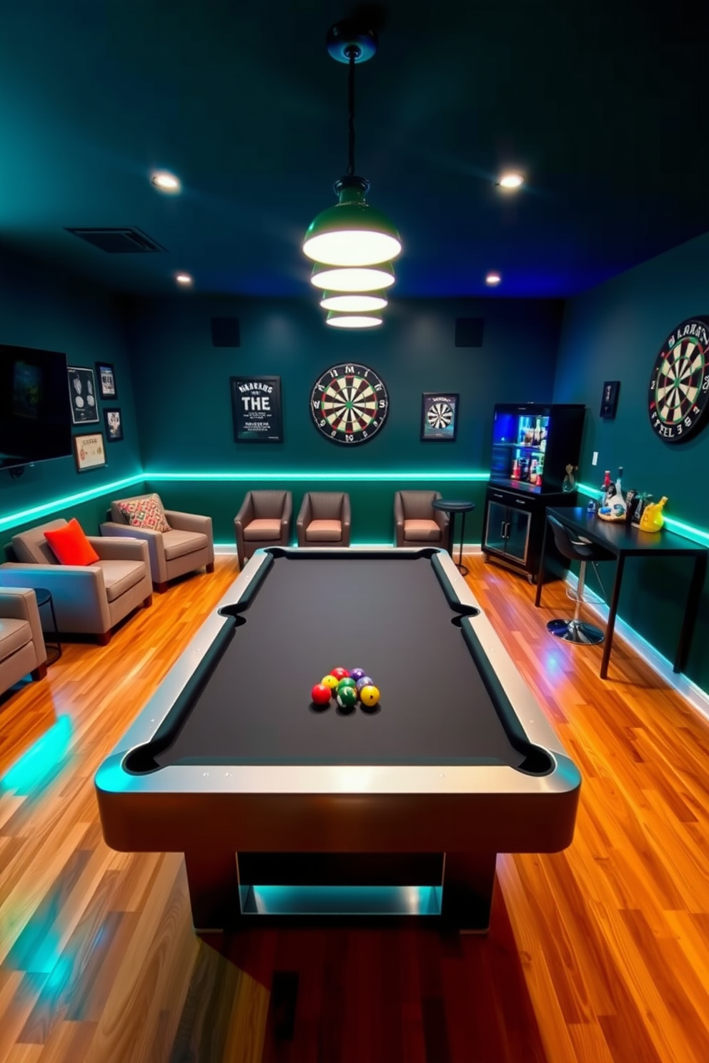 A vibrant game room designed for entertainment. It features a sleek pool table at the center with a stylish dartboard mounted on the wall, surrounded by comfortable seating and ambient lighting. The walls are adorned with sports memorabilia and the flooring is a polished hardwood. A mini bar is set up in one corner, stocked with drinks and snacks for guests to enjoy during game nights.