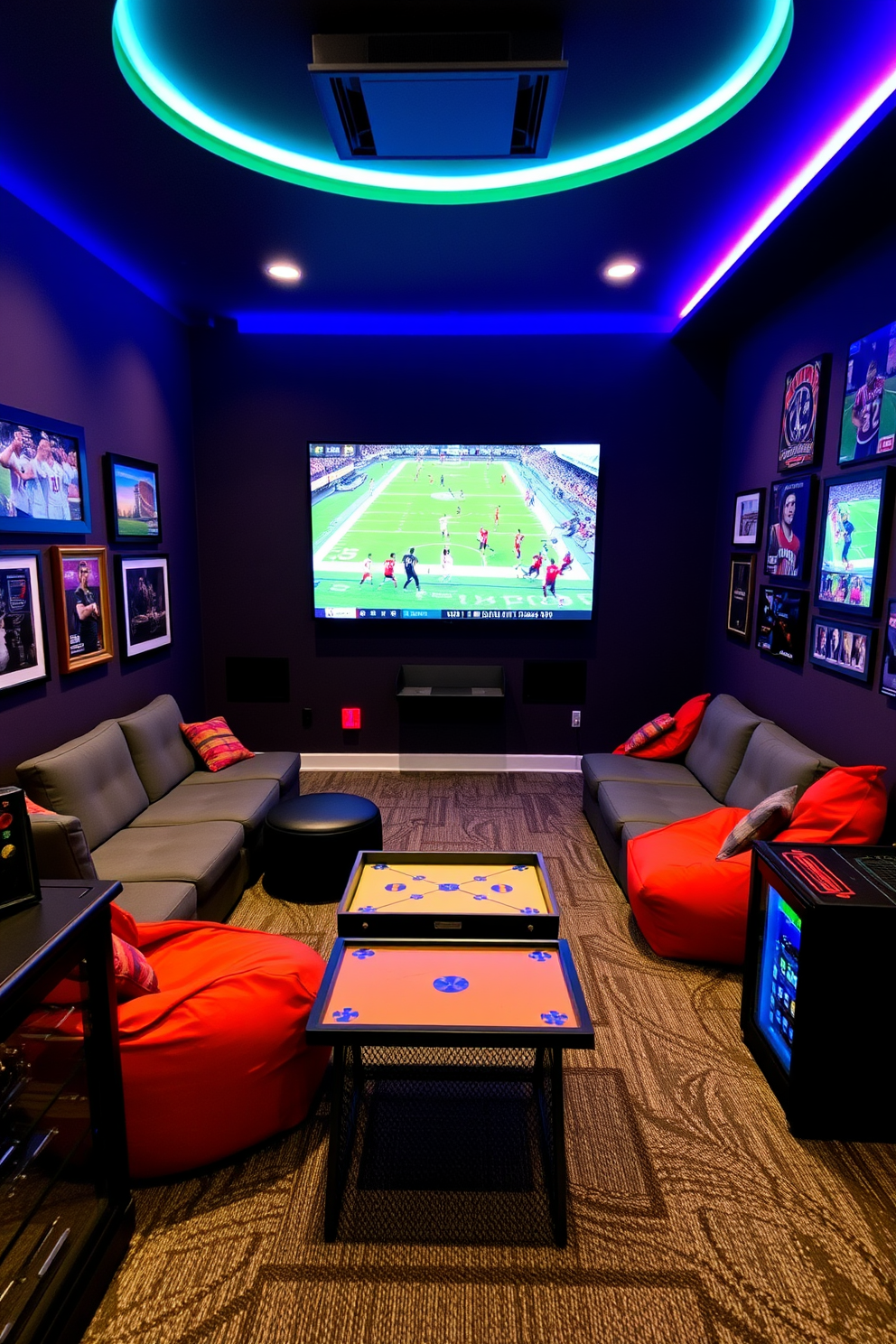 A vibrant interactive sports video game area featuring a large wall-mounted screen for immersive gaming experiences. The room is equipped with comfortable seating, including a sectional sofa and bean bags, arranged for optimal viewing and interaction. The walls are adorned with framed sports memorabilia and LED lighting that changes colors to match the game atmosphere. A mini fridge stocked with refreshments and a game table for board games complete the man cave experience.