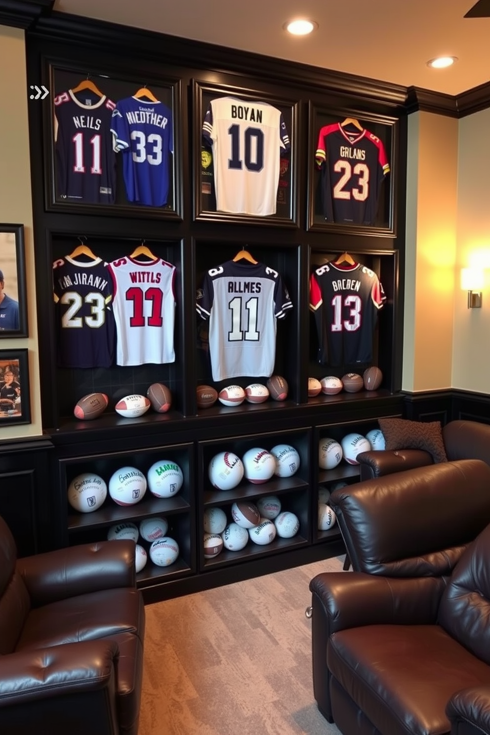 A stylish sports man cave featuring framed jerseys displayed prominently on the walls, showcasing a variety of teams and players. Below the jerseys, a collection of signed balls is arranged on custom shelves, creating an engaging focal point in the room. The space is designed with comfortable seating, including a large sectional sofa and a couple of leather recliners for relaxation. Dark wood accents and a bold color palette enhance the sporty atmosphere, while ambient lighting sets the mood for game nights.