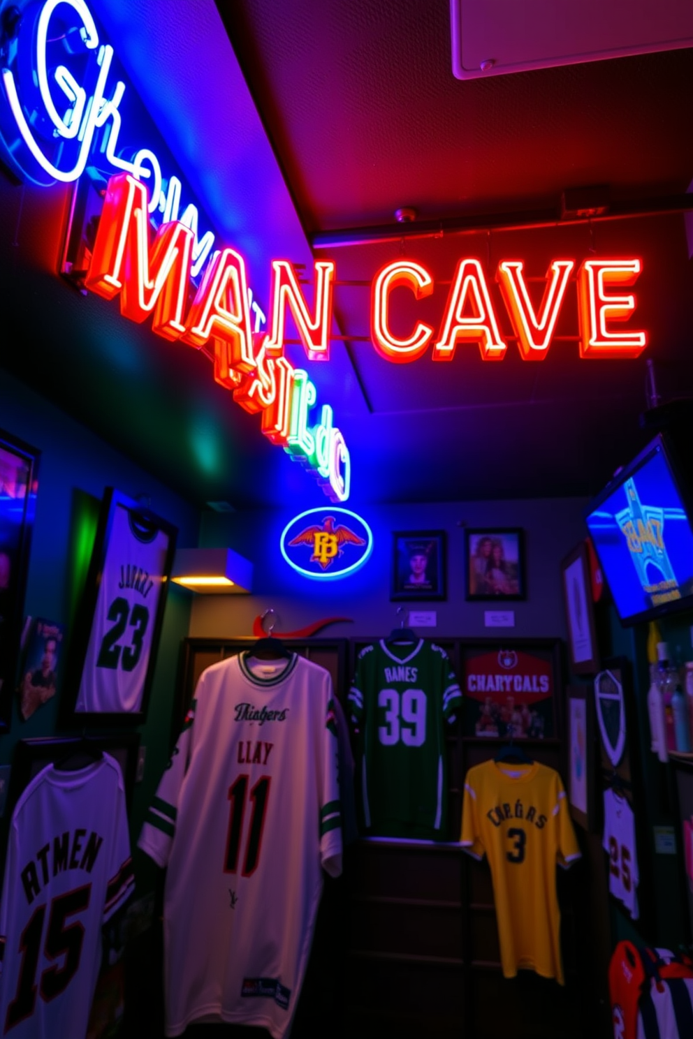 A stylish sports man cave featuring framed jerseys displayed as wall art. The walls are painted in a deep navy blue, creating a bold backdrop for the jerseys, which are arranged in a creative gallery style. Comfortable seating includes a large sectional sofa in a soft gray fabric, positioned for optimal viewing of the mounted flat-screen TV. Accent pillows in team colors add a pop of vibrancy to the space, while a sleek coffee table made of reclaimed wood sits in the center.