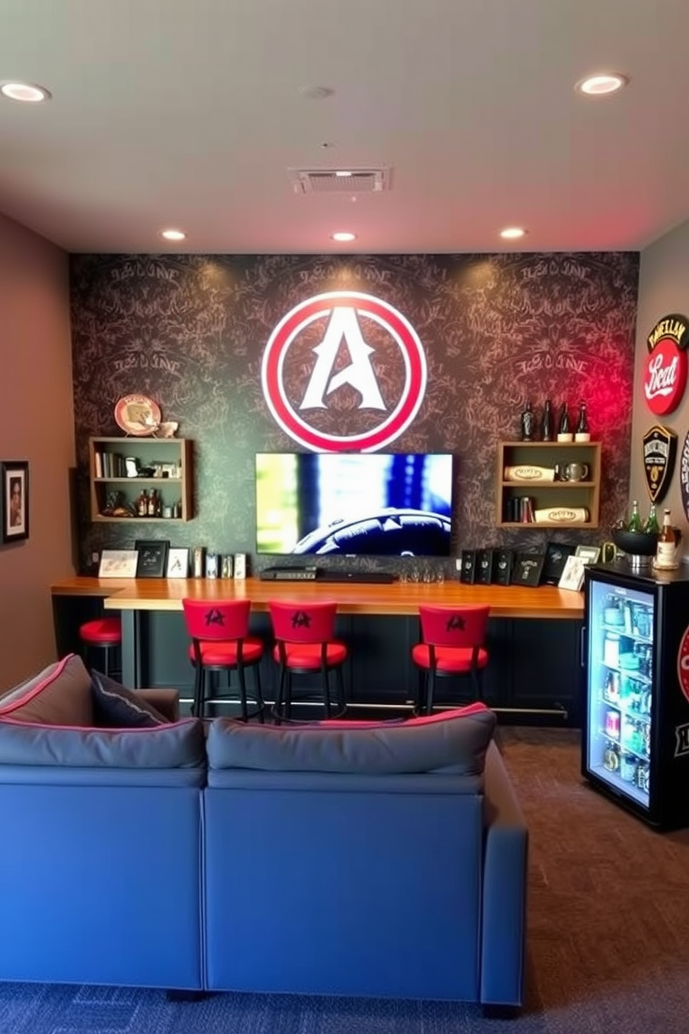 A personalized team logo decor features a large wall mural showcasing the team emblem prominently displayed above a custom-built bar. Surrounding the bar are high-top stools upholstered in the team's colors, and memorabilia from past games is artfully arranged on shelves. The man cave includes a comfortable sectional sofa facing a big-screen TV, perfect for game nights. Accent lighting in the form of neon signs adds a vibrant touch, while a mini-fridge stocked with drinks completes the ultimate sports viewing experience.