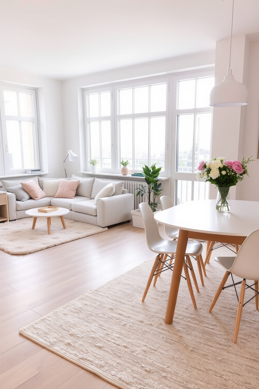 A bright and airy apartment featuring light-toned rugs that complement the spring theme. The living area showcases a soft beige rug layered over a light wood floor, accented by pastel-colored cushions on a plush sofa. In the dining space, a light gray rug enhances the natural light streaming through large windows. Fresh flowers in a simple vase adorn the table, creating a cheerful and inviting atmosphere.