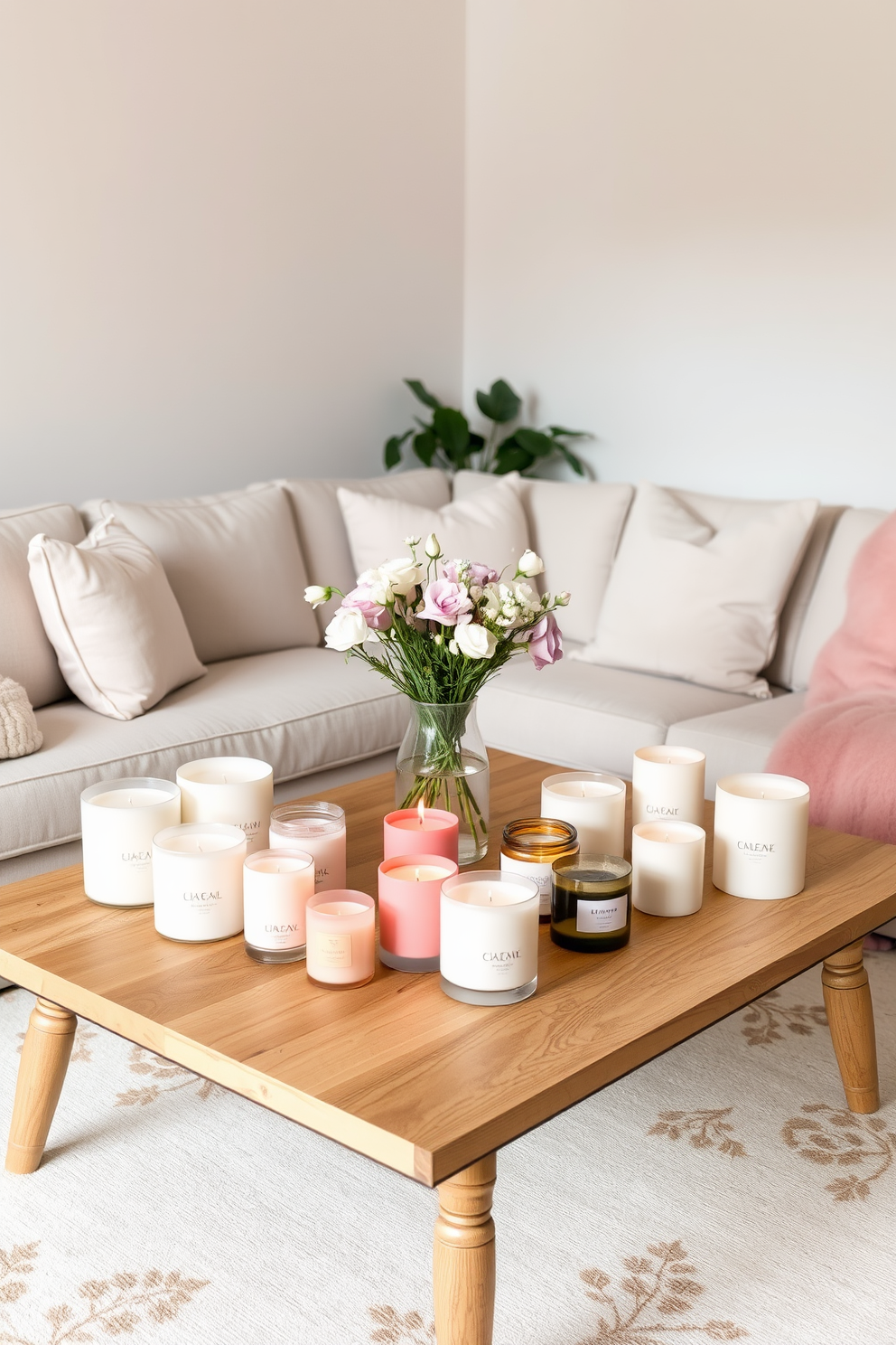 A cozy living room filled with the warmth of spring. Soft pastel-colored cushions adorn a light gray sofa, while a collection of seasonal scented candles in various sizes are artfully arranged on a wooden coffee table. Fresh flowers in a vase add a touch of nature to the space. The walls are painted in a soft white, and a light area rug with floral patterns complements the cheerful atmosphere.