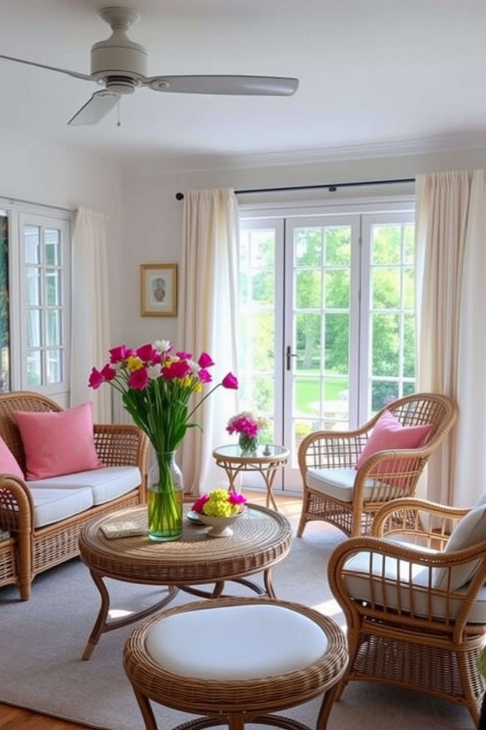 A bright and airy living room filled with natural light. The space features a comfortable rattan sofa adorned with colorful throw pillows and a matching wicker coffee table. In one corner, a stylish rattan chair is paired with a small side table, perfect for a cozy reading nook. Fresh flowers in a vibrant vase add a touch of spring to the decor, while light pastel curtains flutter gently in the breeze.